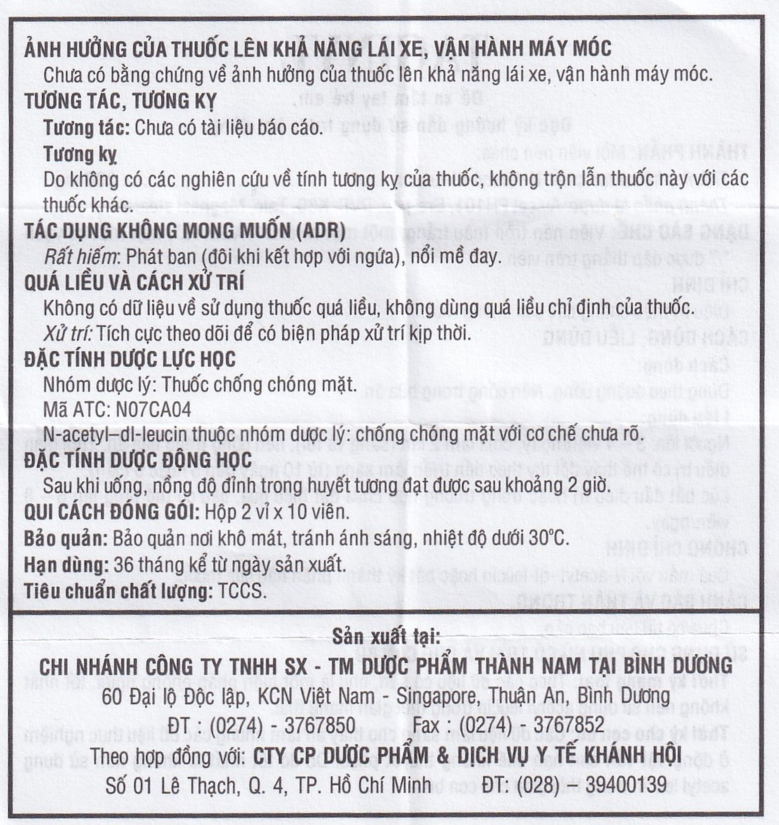 Thuốc Taginyl 500mg Thành Nam điều trị triệu chứng cơn chóng mặt (2 vỉ x 10 viên)