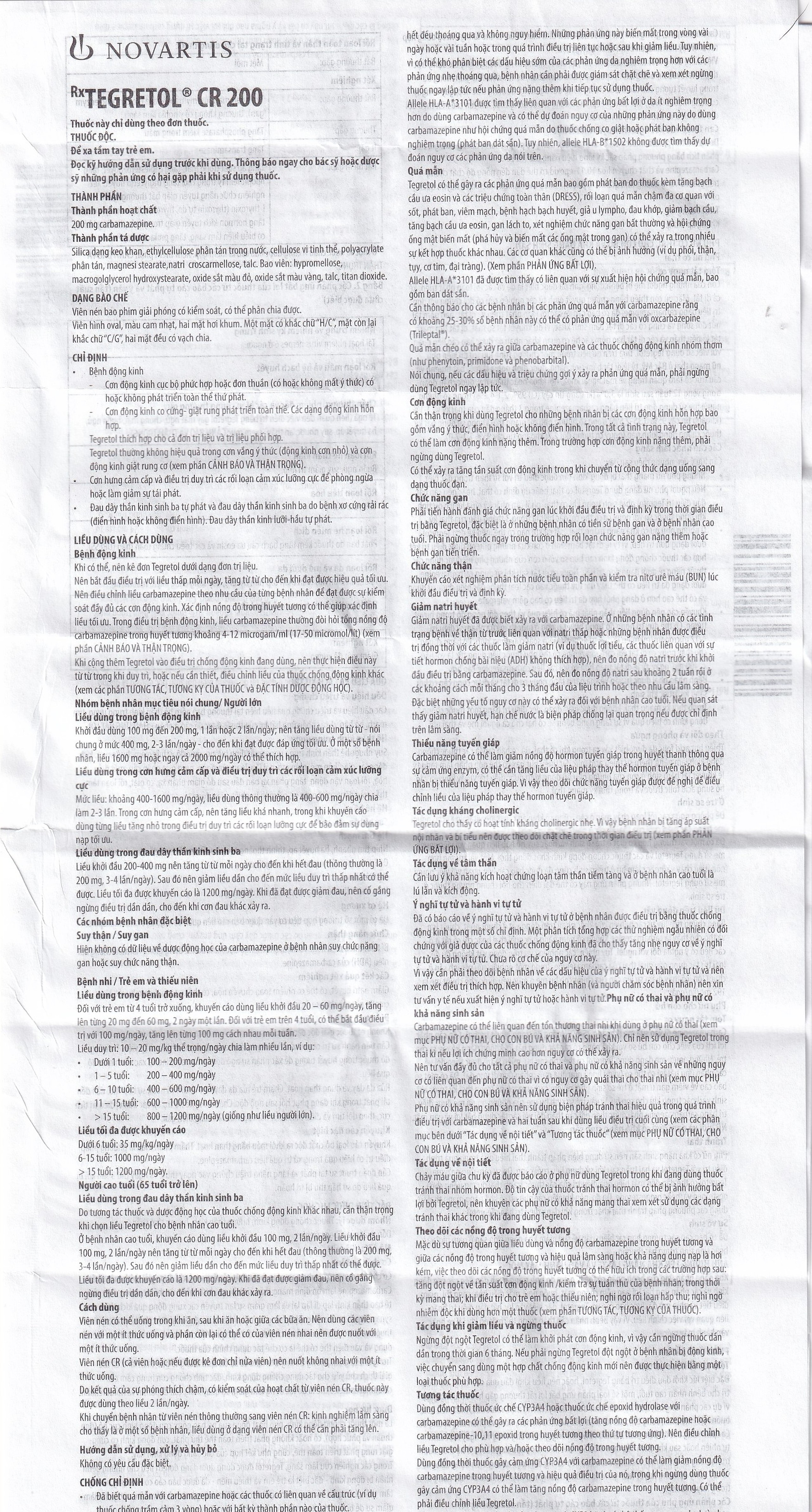 Thuốc Tegretol CR 200 điều trị bệnh động kinh (5 vỉ x 10 viên)