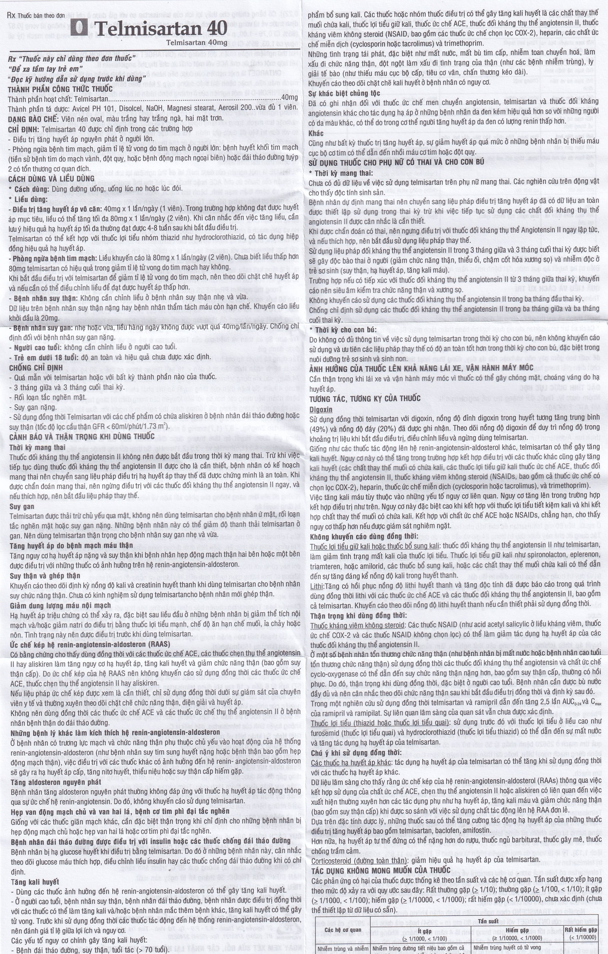 Thuốc Telmisartan 40 TV.Pharm điều trị tăng huyết áp (3 vỉ x 10 viên)
