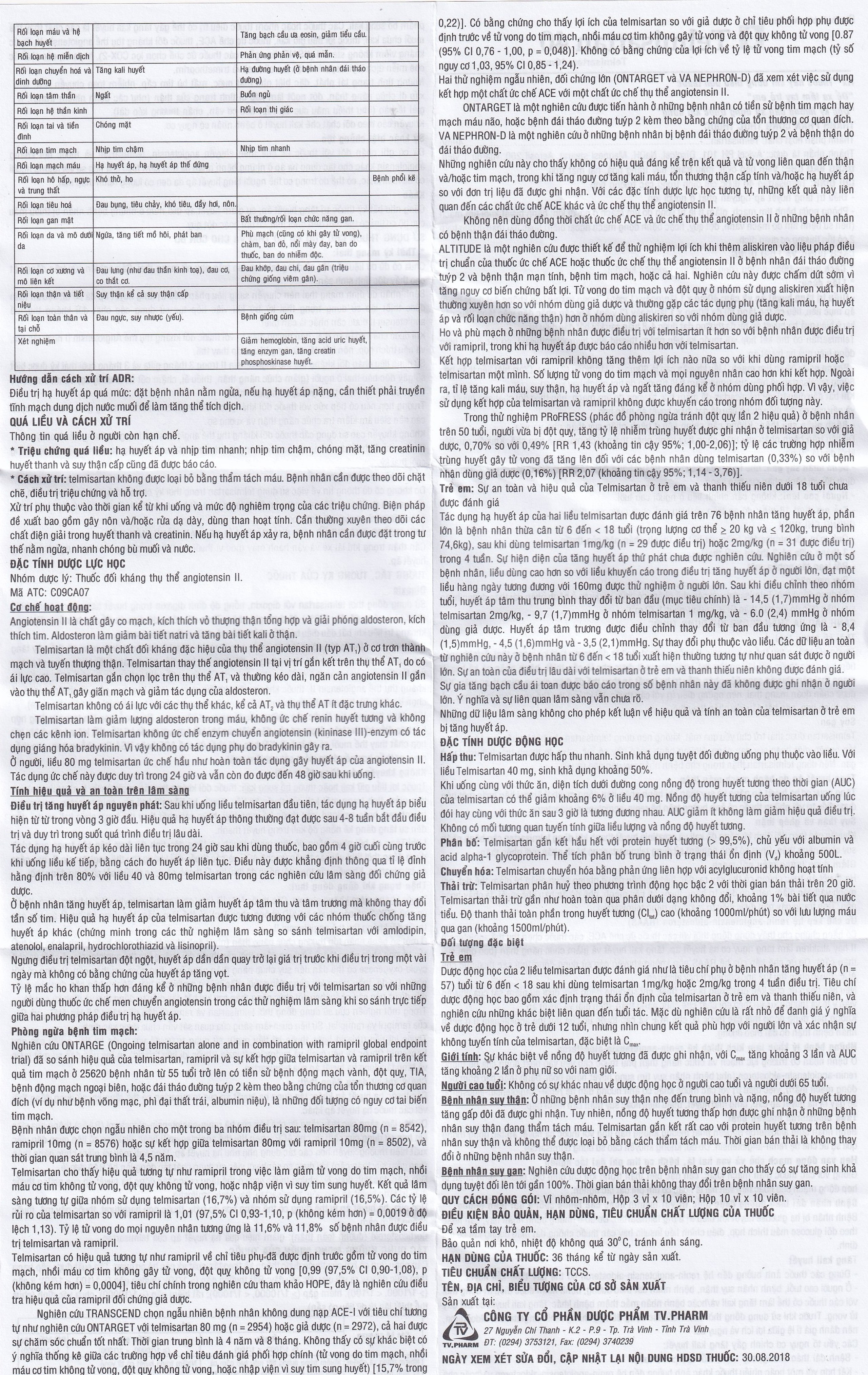 Thuốc Telmisartan 40 TV.Pharm điều trị tăng huyết áp (3 vỉ x 10 viên)