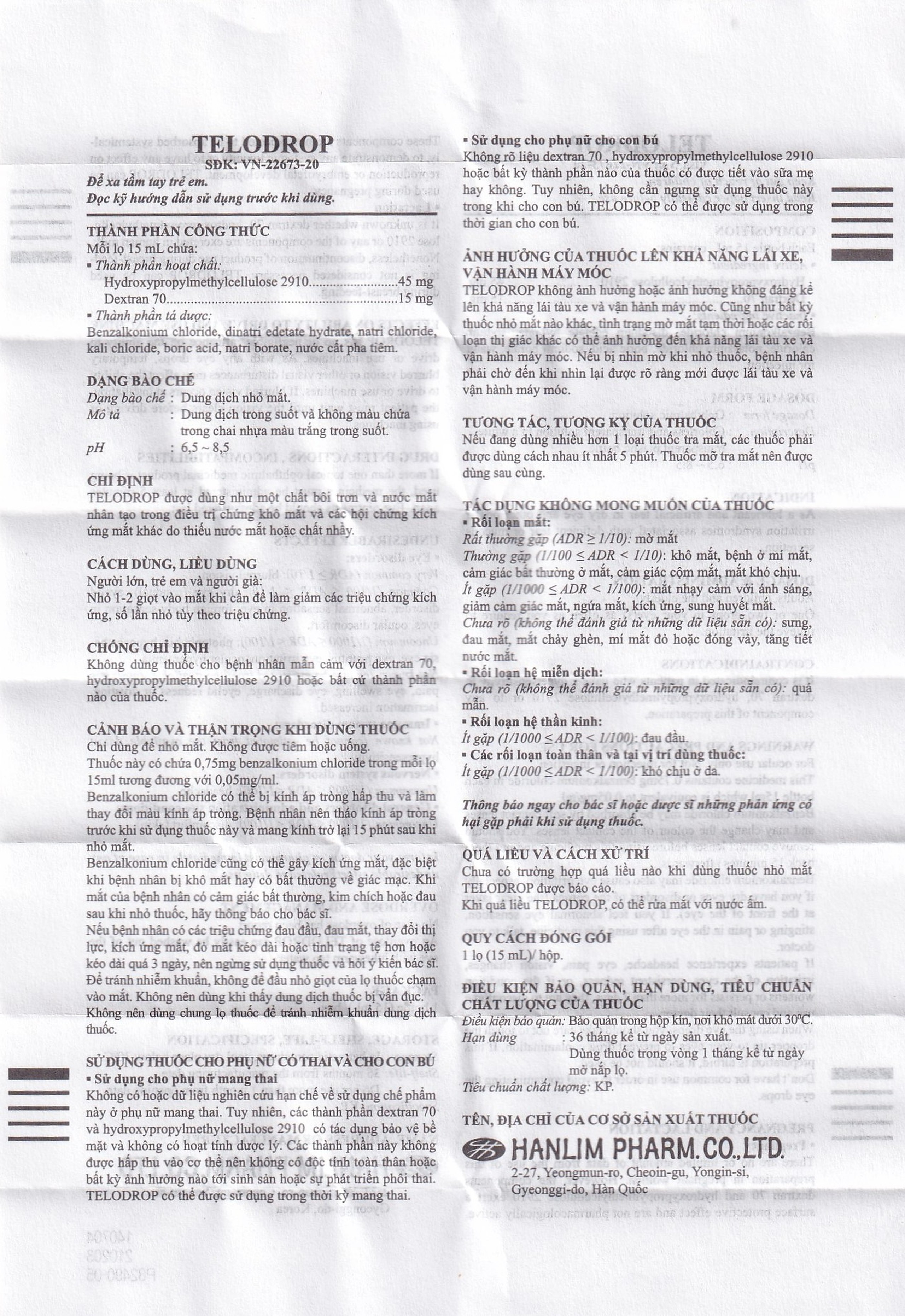 Thuốc nhỏ mắt Telodrop Hanlim điều trị chứng khô mắt (15ml)