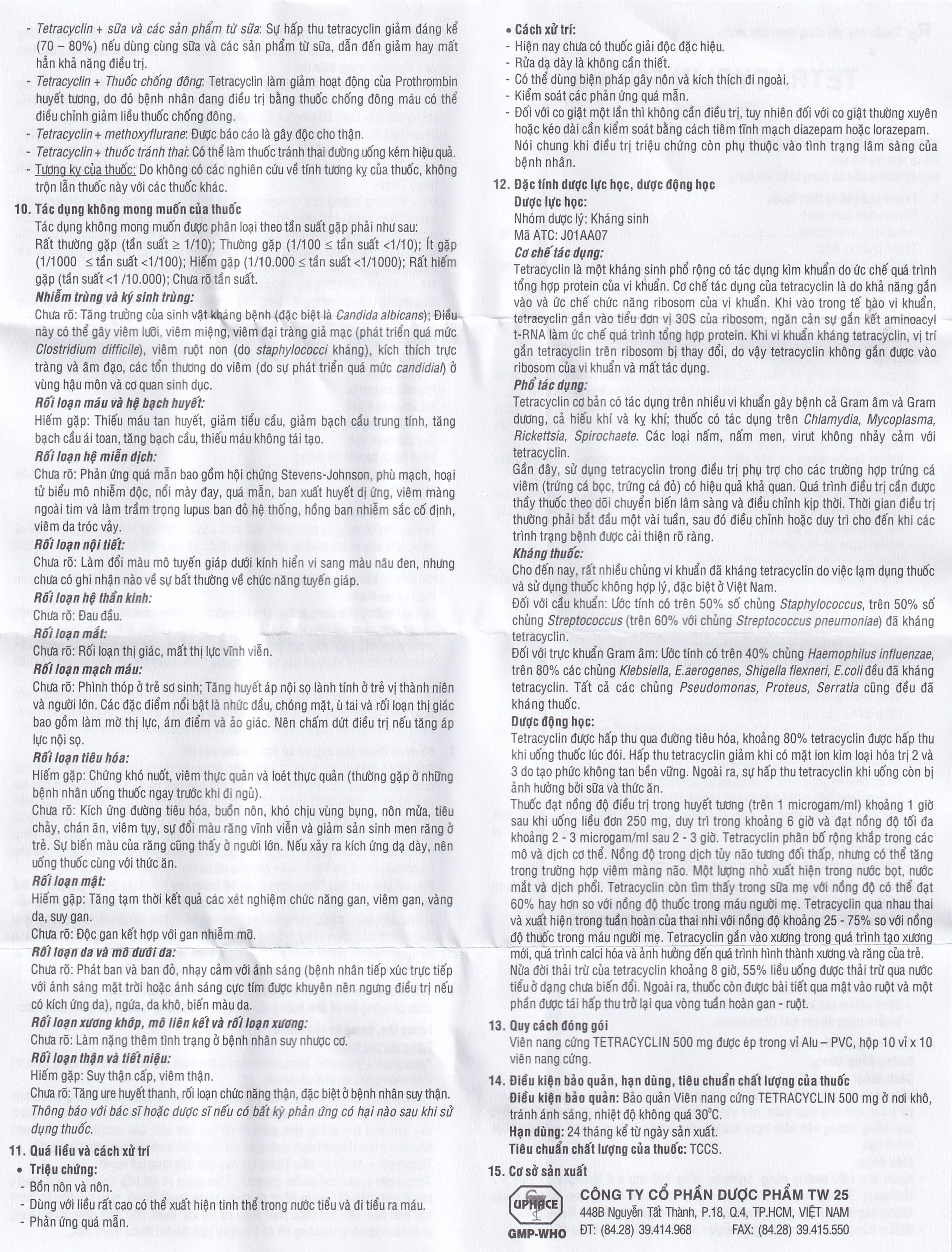 Thuốc  Tetracyclin 500mg Uphace điều trị nhiễm khuẩn đường hô hấp (10 vỉ x 10 viên)