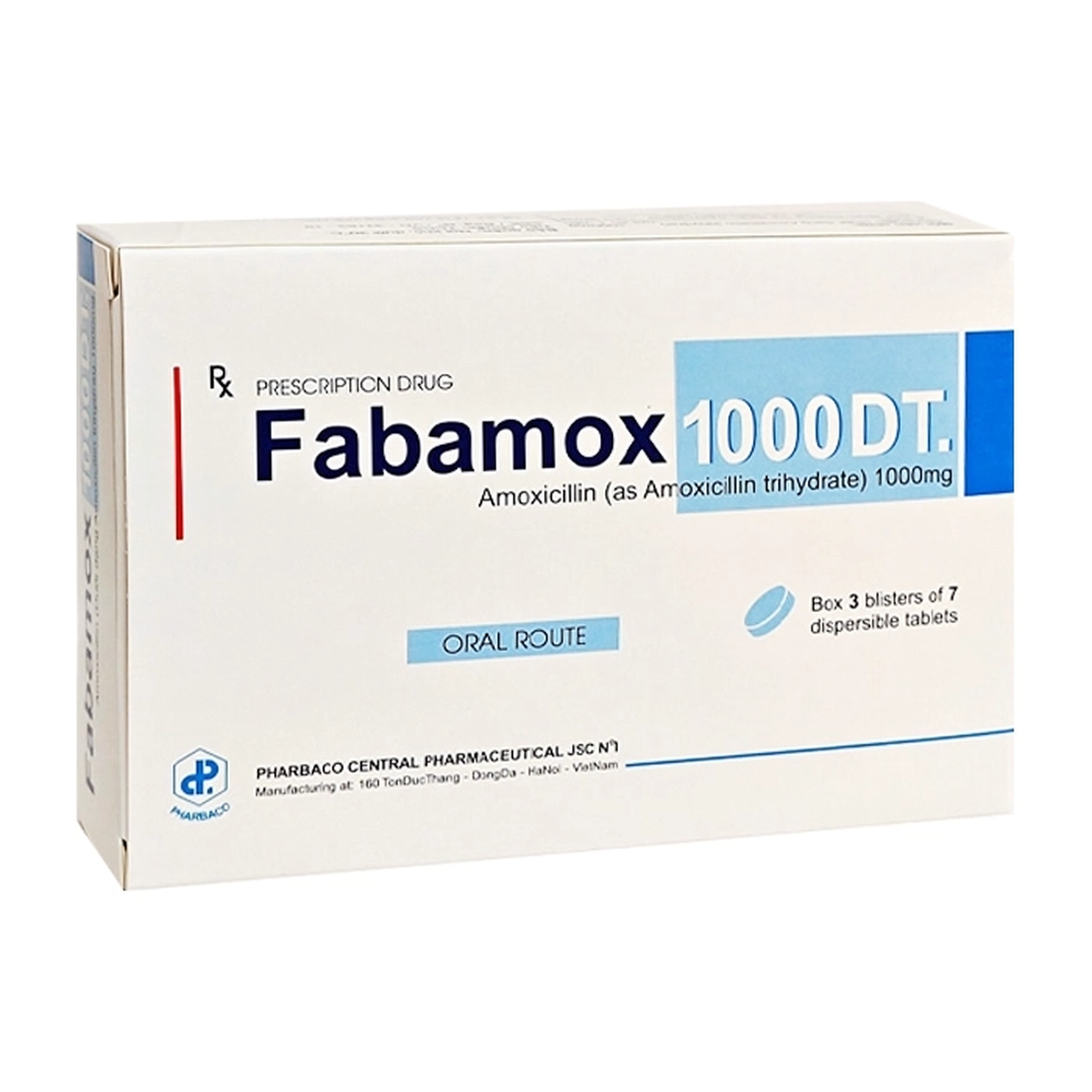 Thuốc Fabamox 1000DT Trung Ương 1 điều trị viêm xoang cấp tính, viêm tai giữa cấp tính (3 vỉ x 7 viên)
