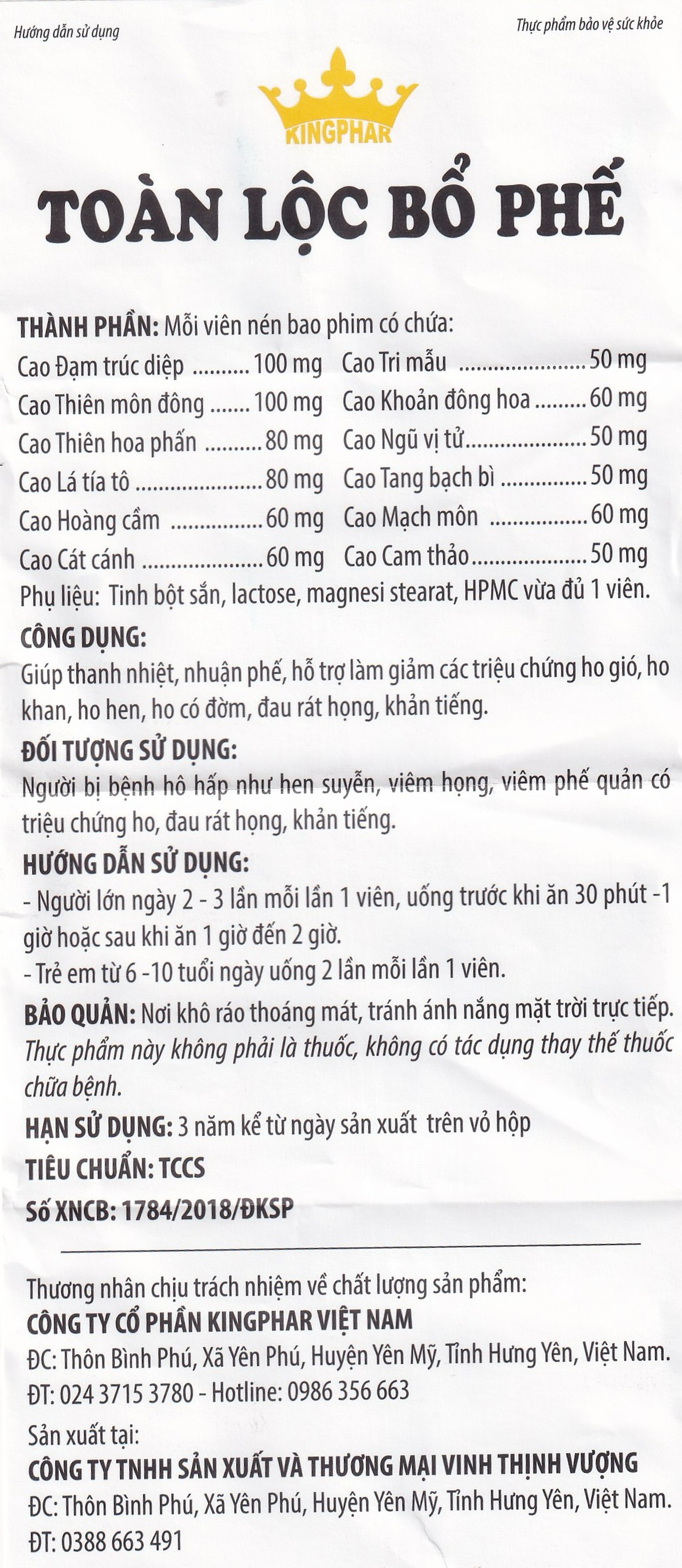 Viên uống Toàn Lộc Bổ Phế Kingphar giúp thanh nhiệt, nhuận phế (60 viên)