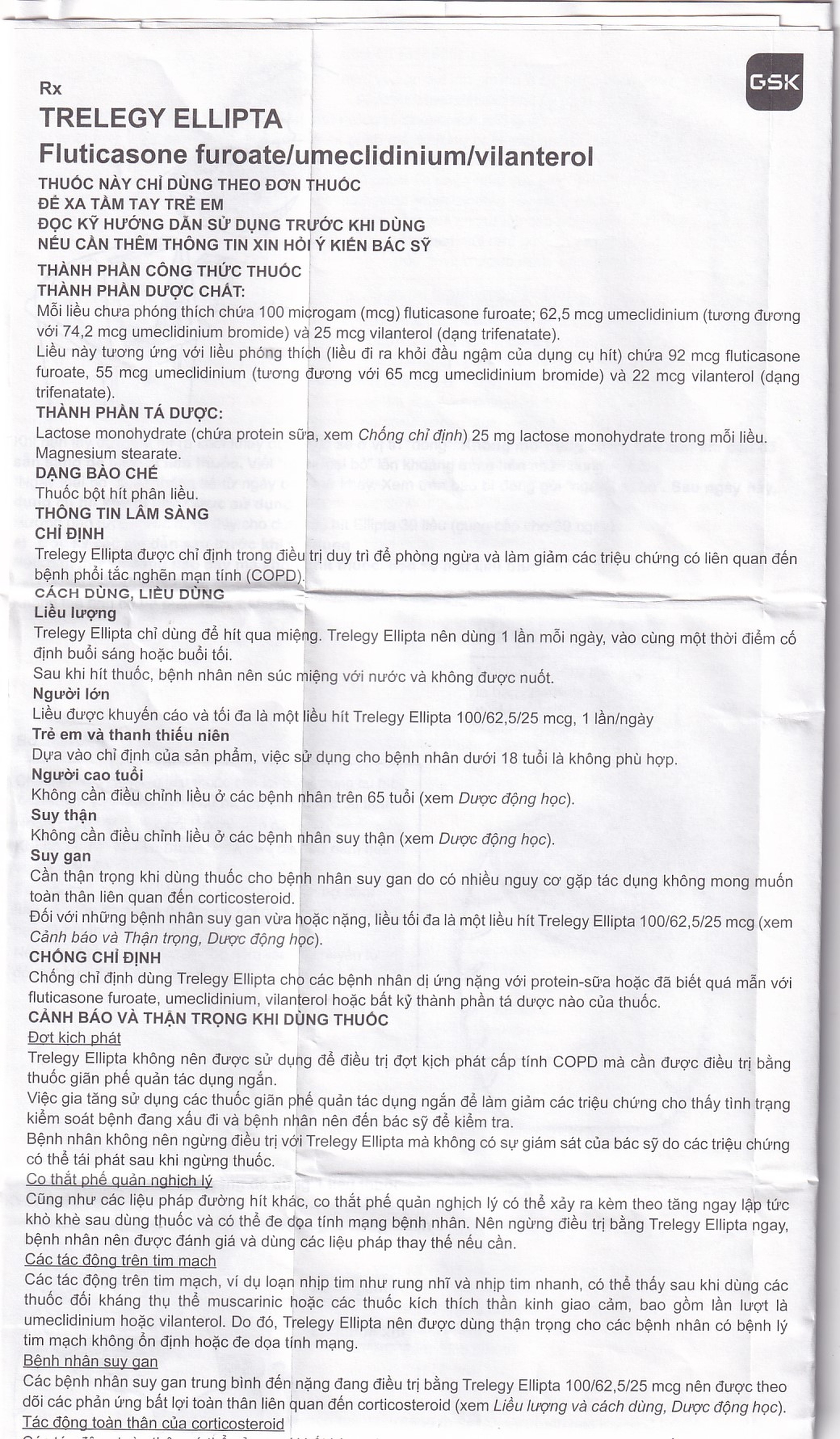 Thuốc bột hít phân liều Trelegy Ellipta GSK điều trị bệnh phổi tắc nghẽn mãn tính (30 liều hít)