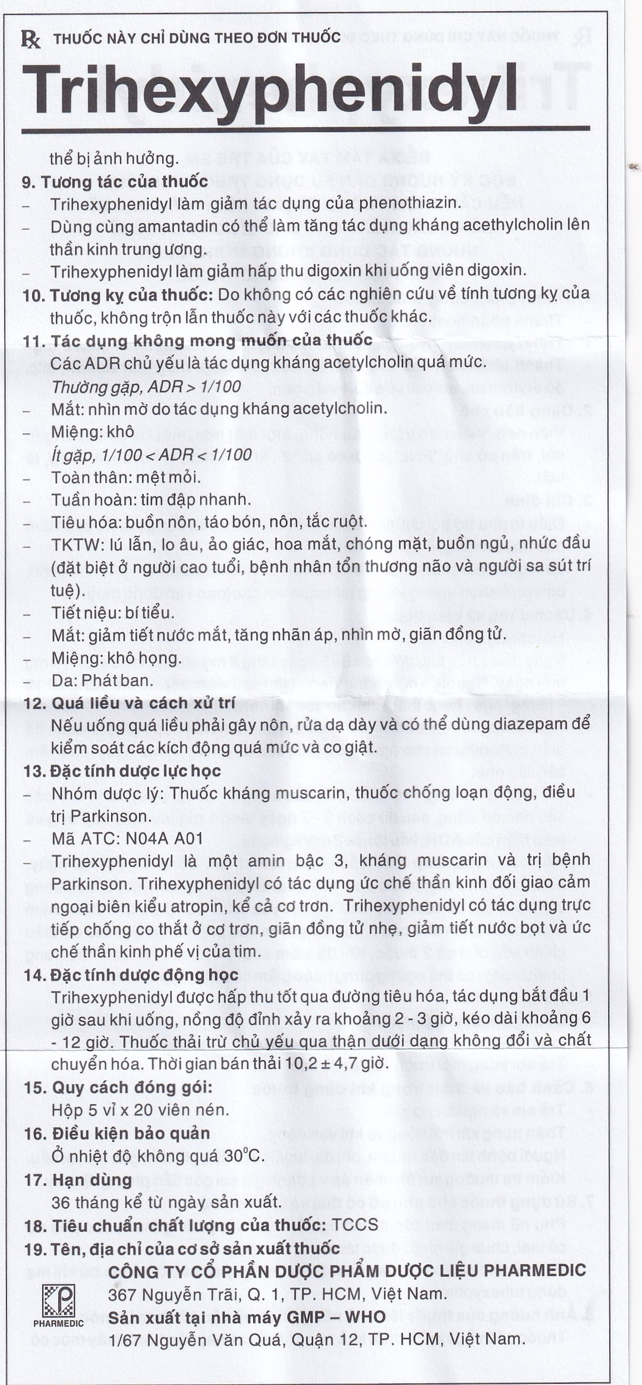 Thuốc Trihexyphenidyl Pharmedic điều trị phụ trợ hội chứng Parkinson (5 vỉ x 20 viên)