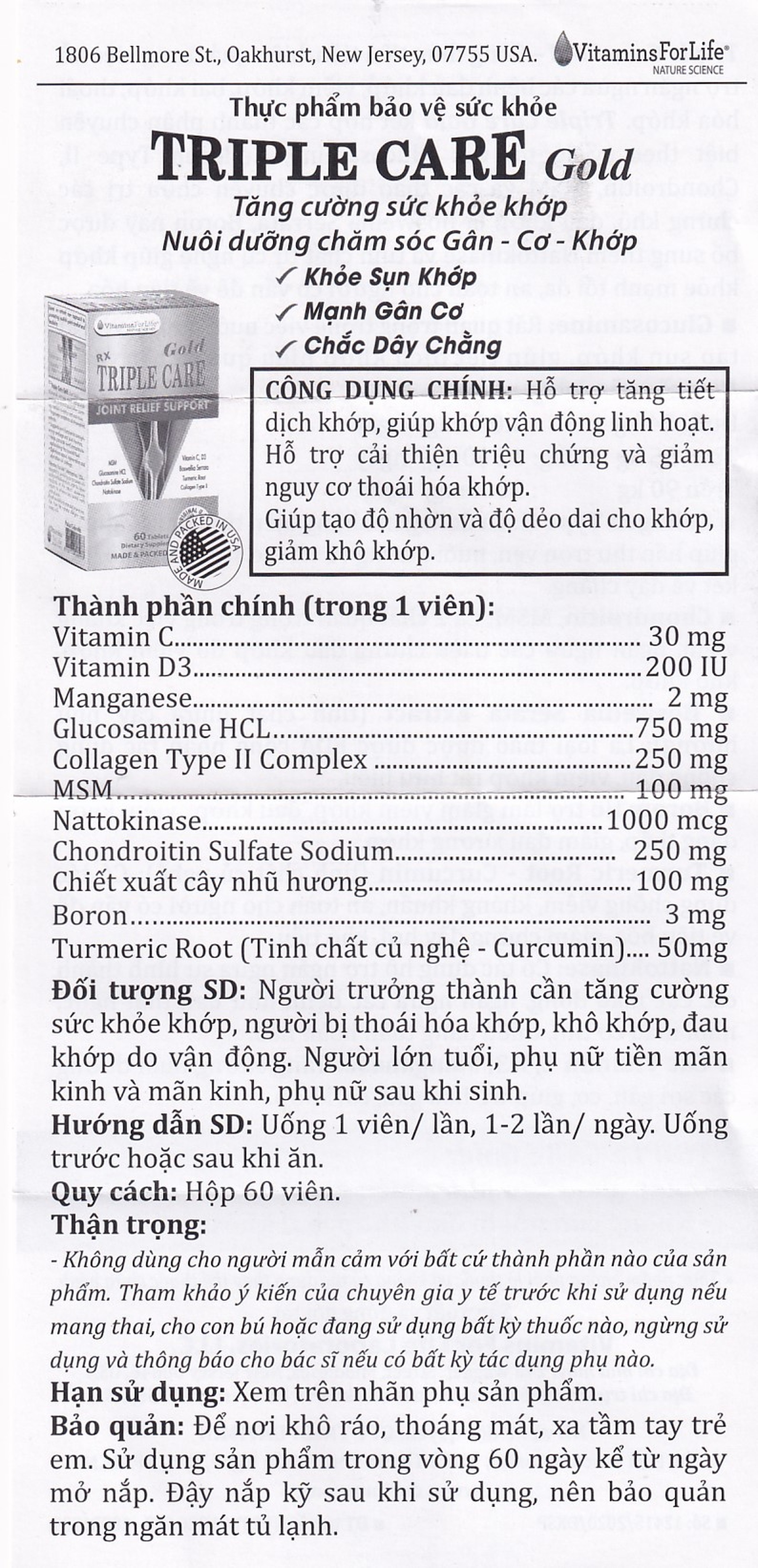 Viên uống giúp tăng tiết dịch khớp, giảm thoái hóa khớp Triple Care Gold Vitamins For Life (60 viên)