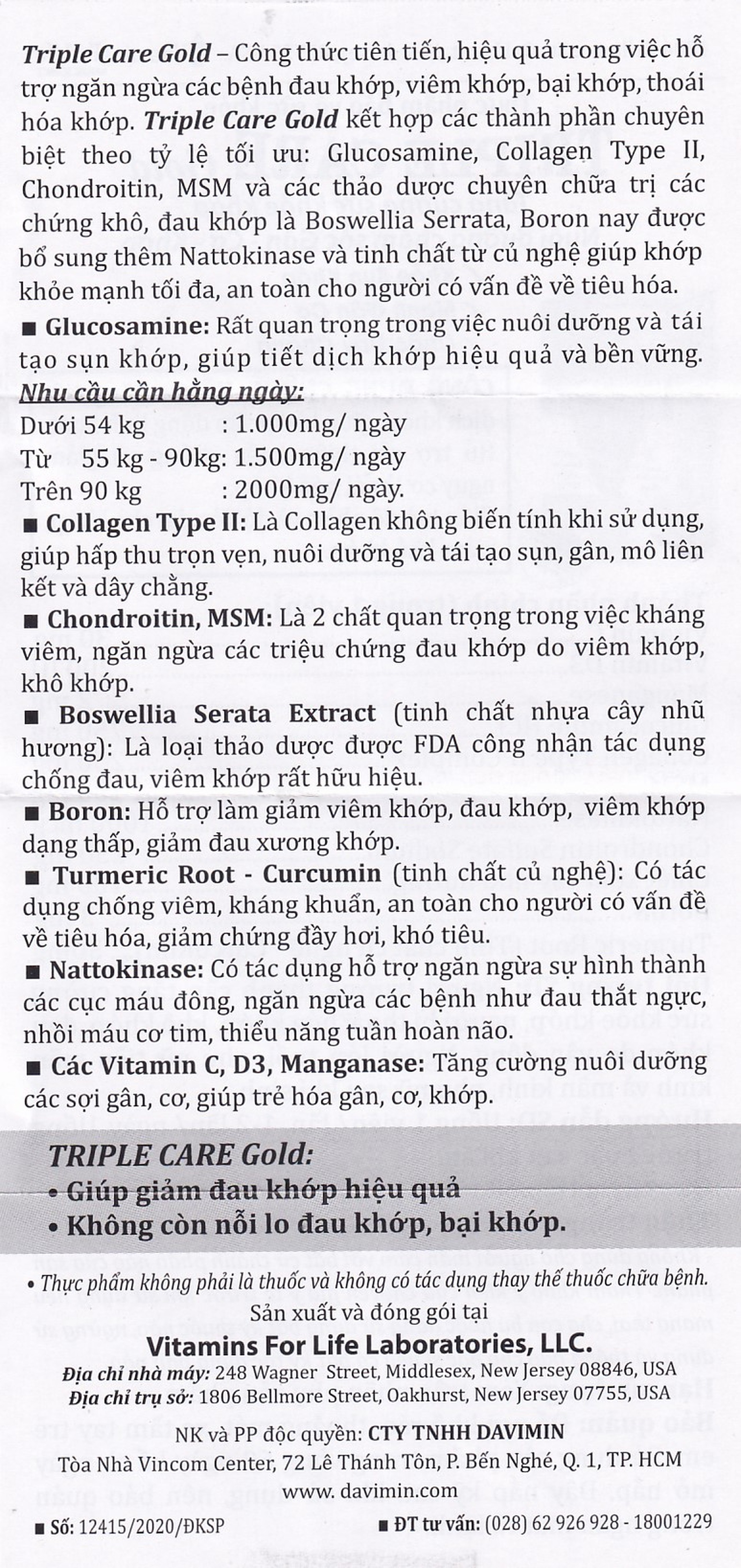 Viên uống giúp tăng tiết dịch khớp, giảm thoái hóa khớp Triple Care Gold Vitamins For Life (60 viên)