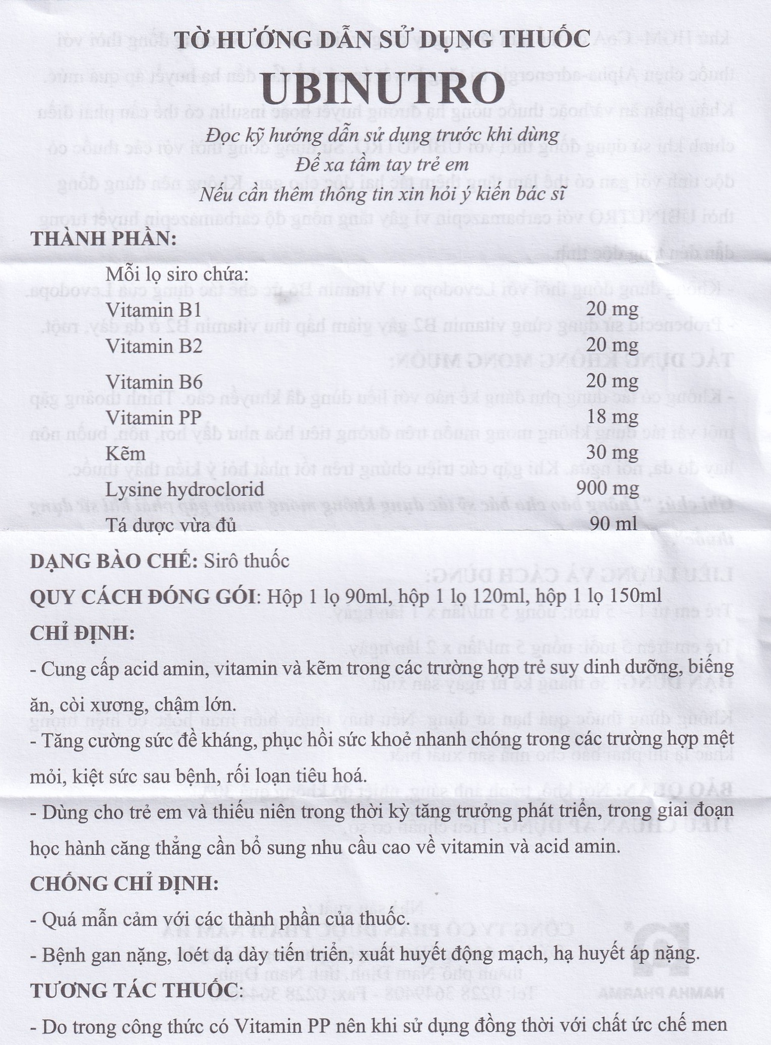 Siro Ubinutro Nam Hà bổ sung các acid amin, vitamin và kẽm (120ml)