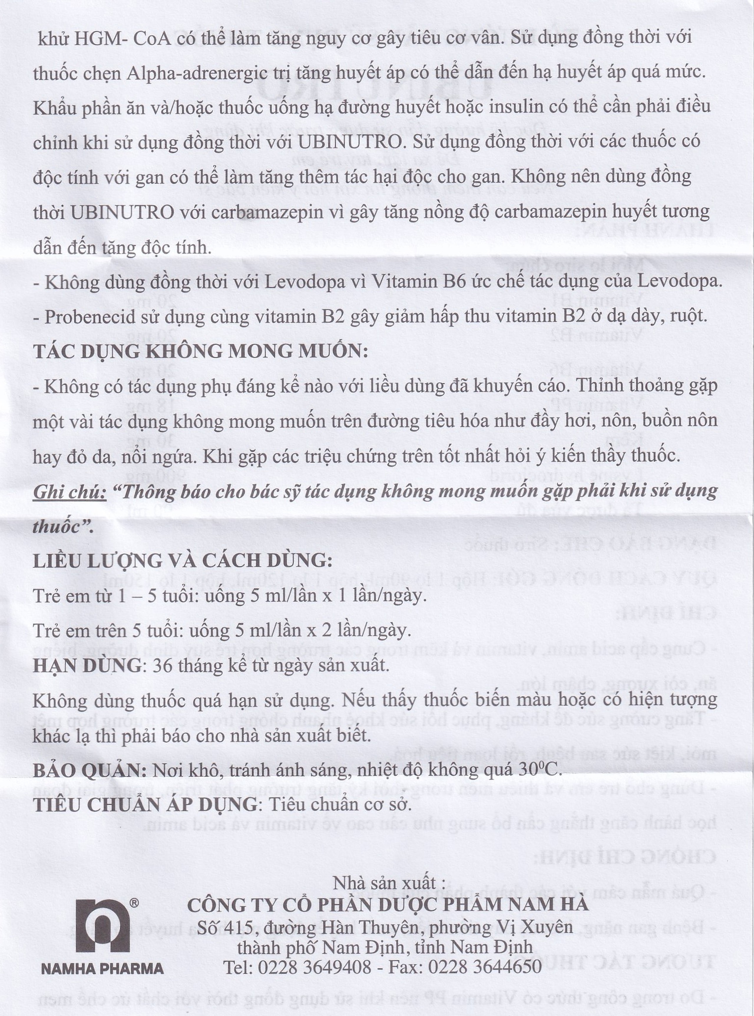 Siro Ubinutro Nam Hà bổ sung các acid amin, vitamin và kẽm (120ml)