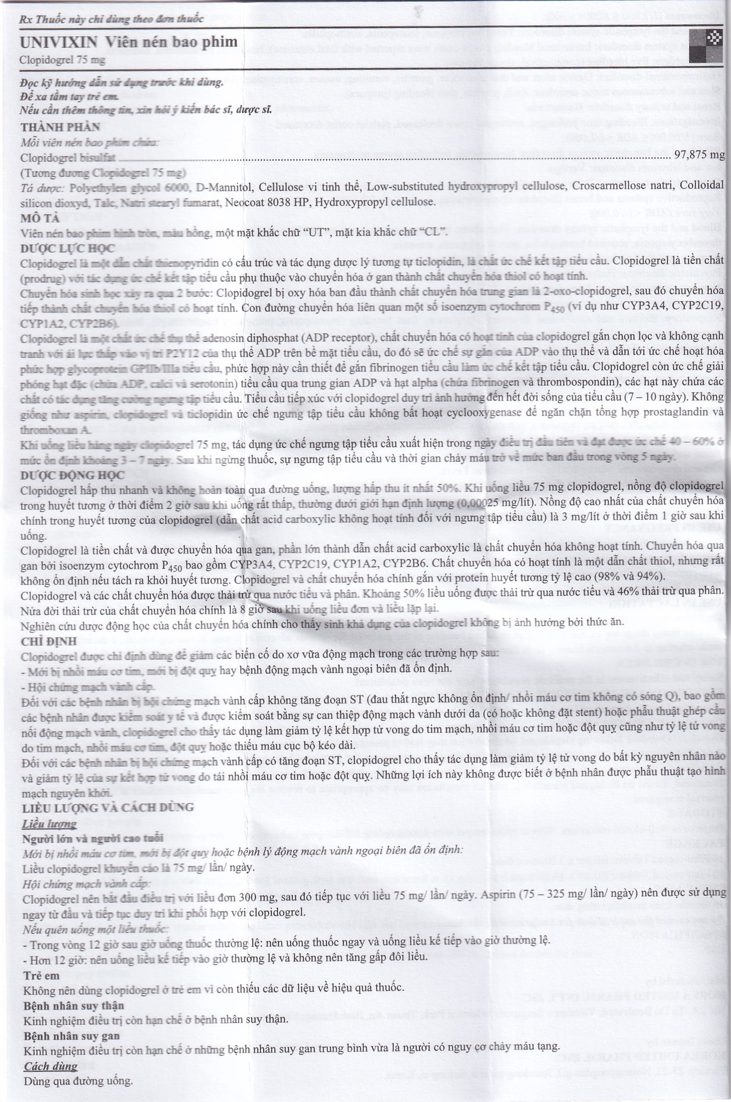 Thuốc Univixin Clopidogrel 75mg Korea United giảm các biến cố do xơ vữa động mạch (3 vỉ x 10 viên)