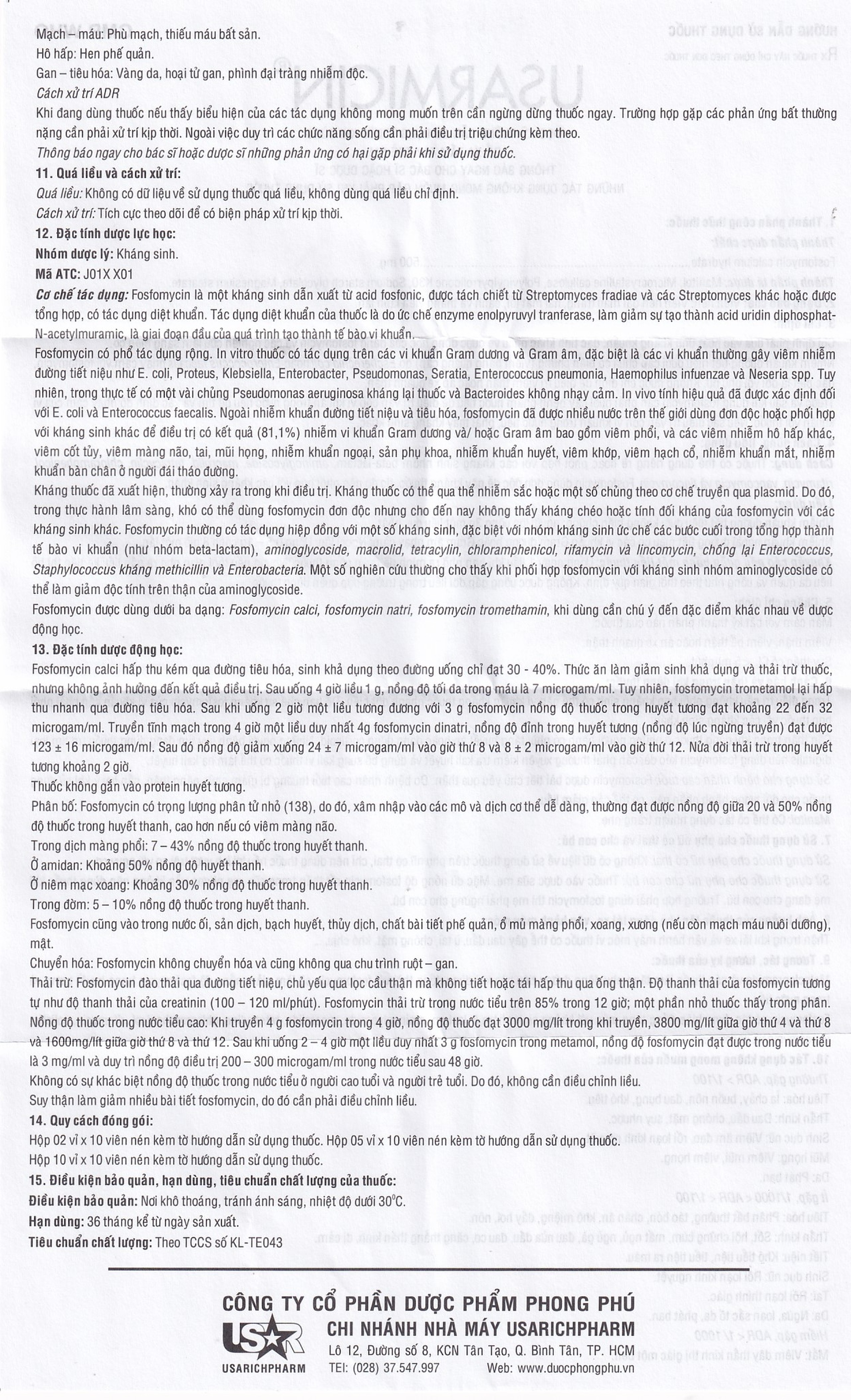 Thuốc Usarmicin Tablets 500 UsarichPharm điều trị nhiễm khuẩn đường tiết niệu (2 vỉ x 10 viên)