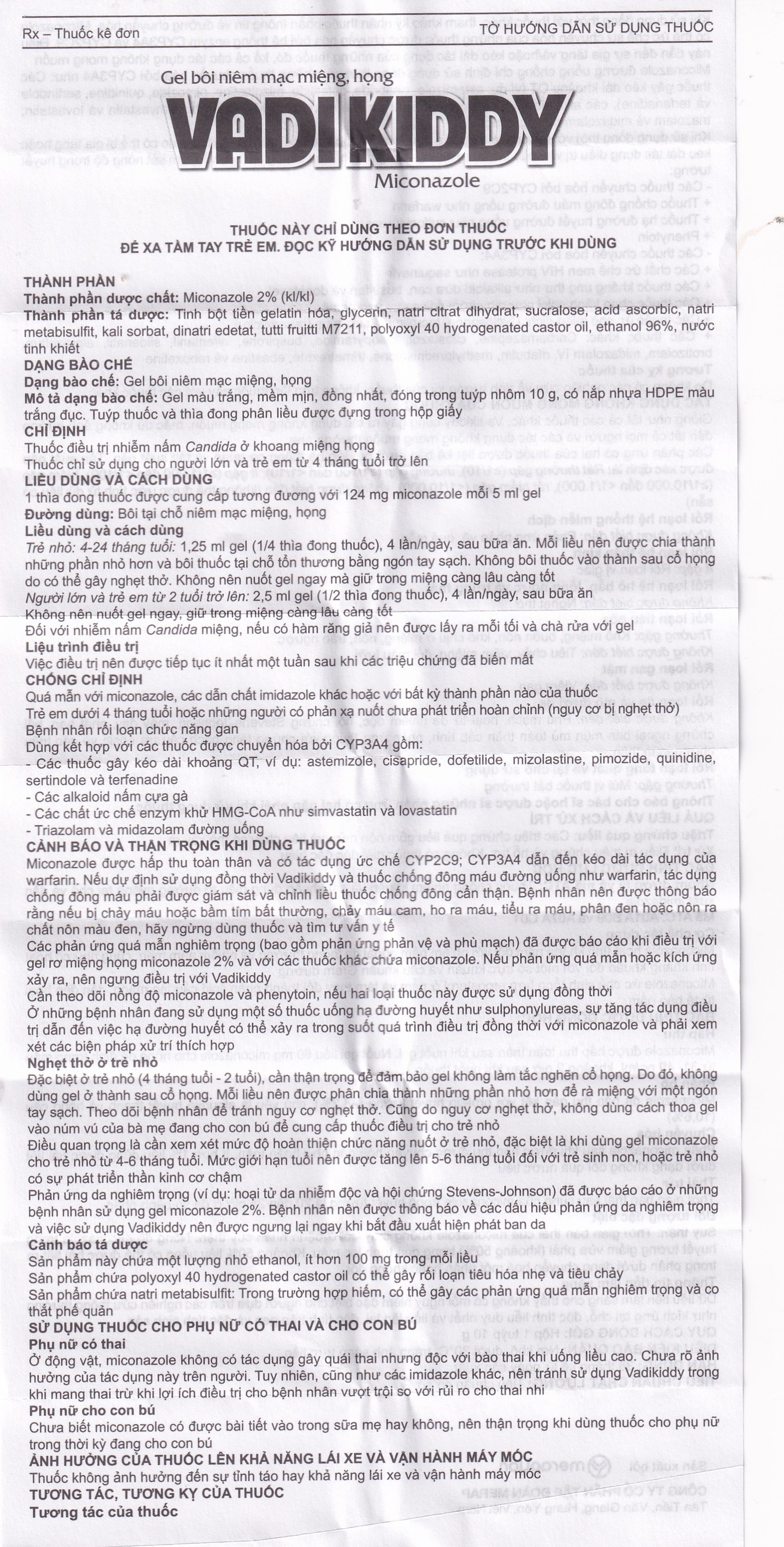 Gel niêm mạc miệng họng Vadikddy 10g Merap Gel điều trị nấm candida