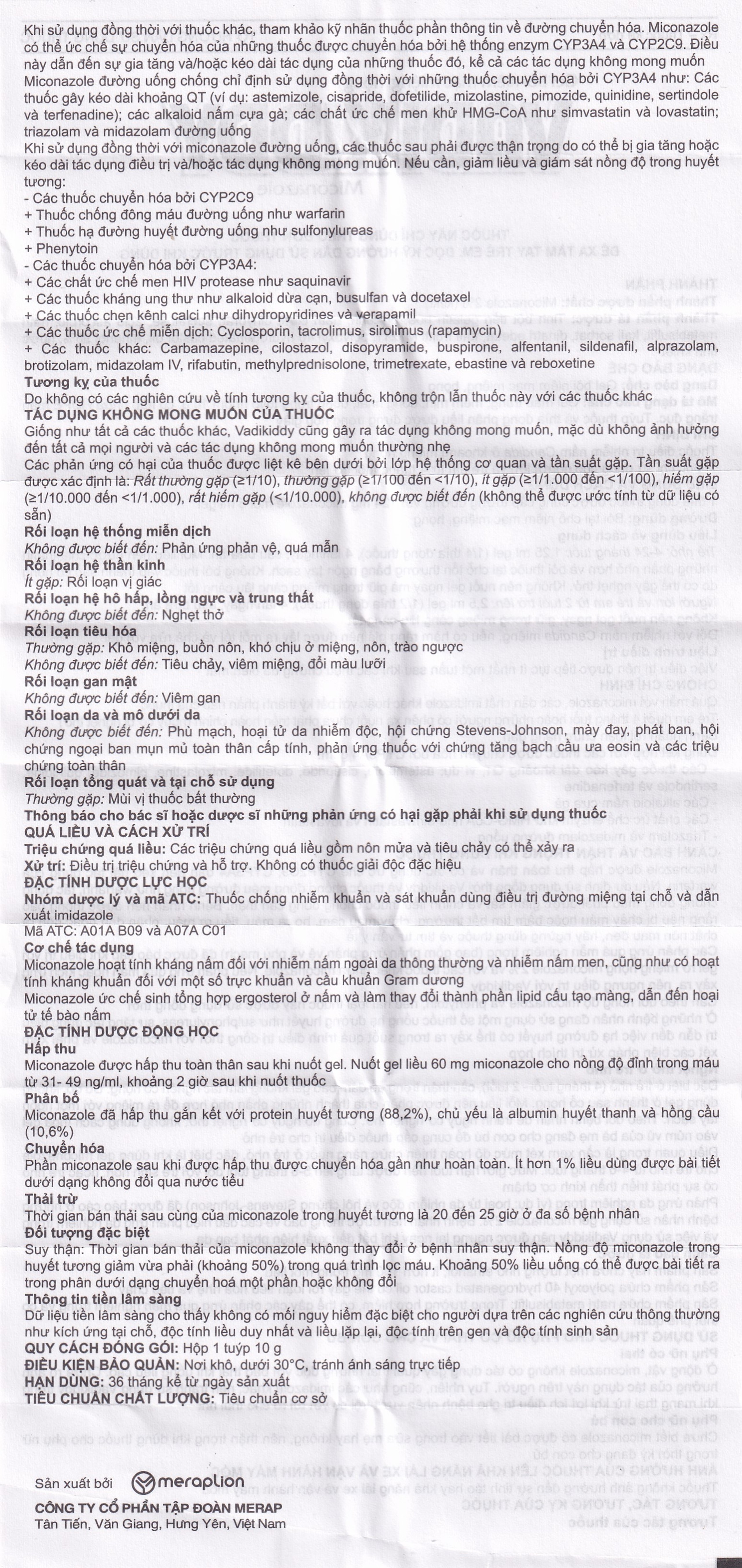 Gel niêm mạc miệng họng Vadikddy 10g Merap Gel điều trị nấm candida