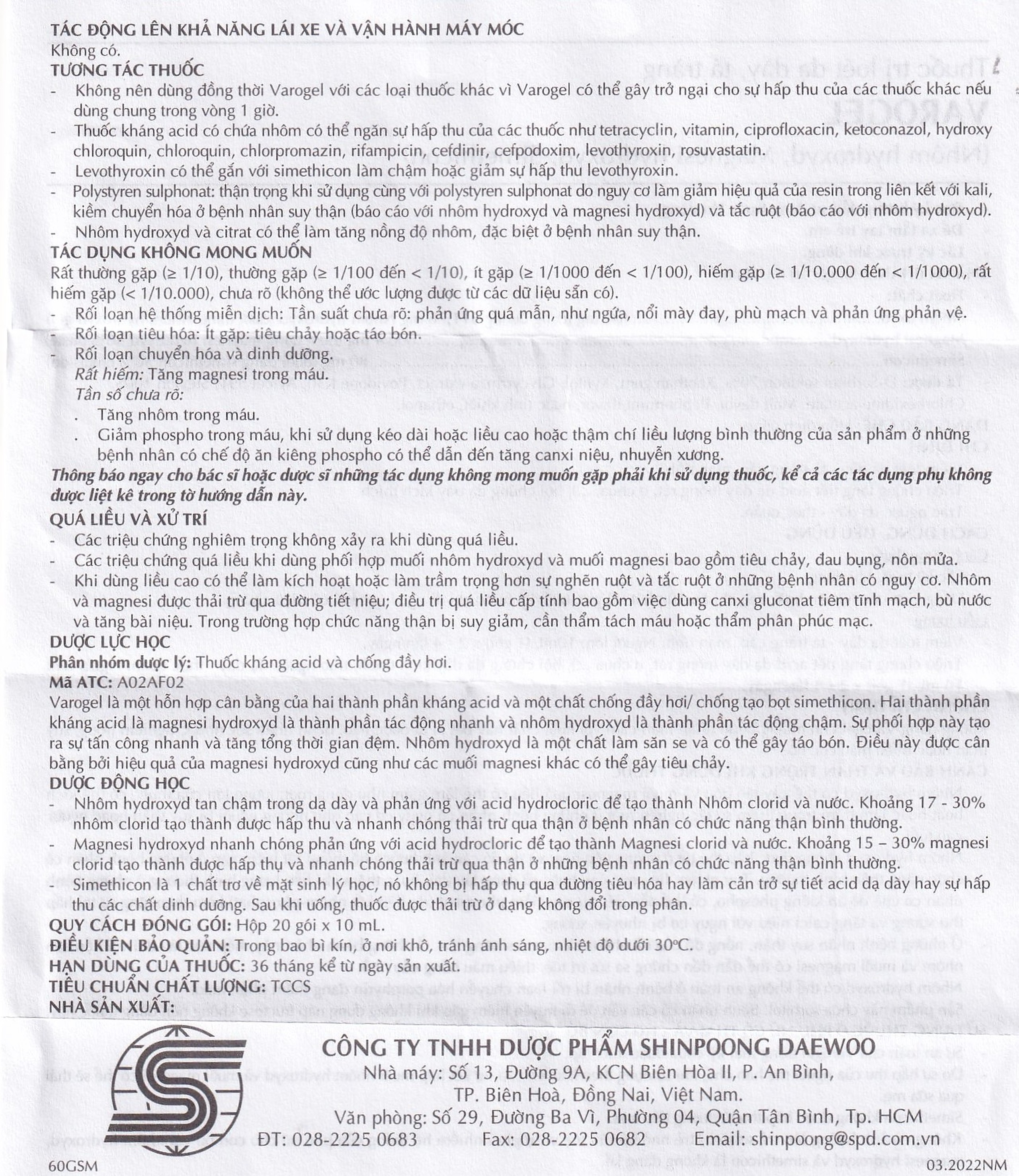 Hỗn dịch uống Varogel Shinpoong Deawoo điều trị viêm loét dạ dày, tá tràng (20 gói x 10ml)