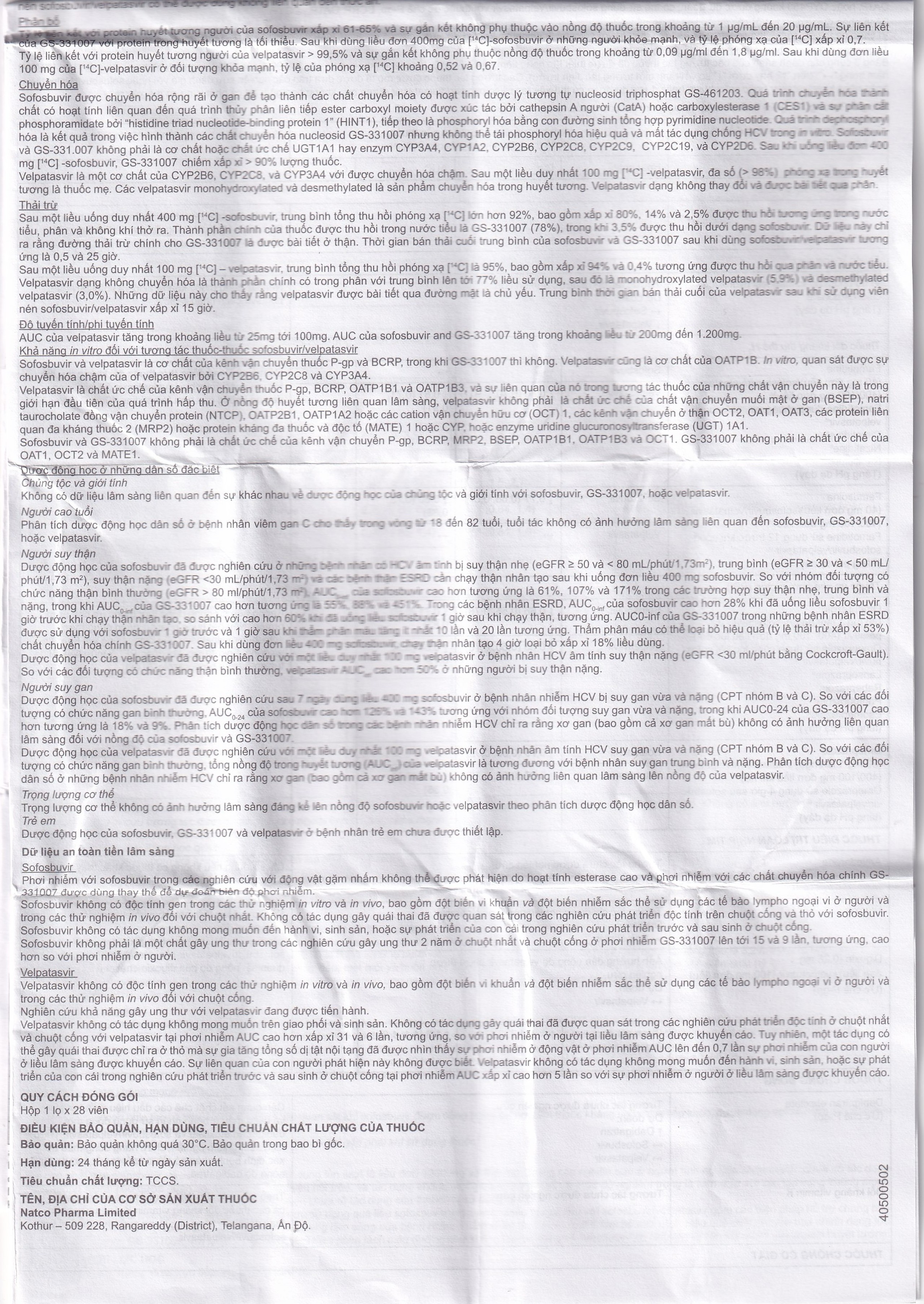 Thuốc Velsof 400mg/100mg Natco điều trị viêm gan virus C mạn tính ở người lớn (28 viên)