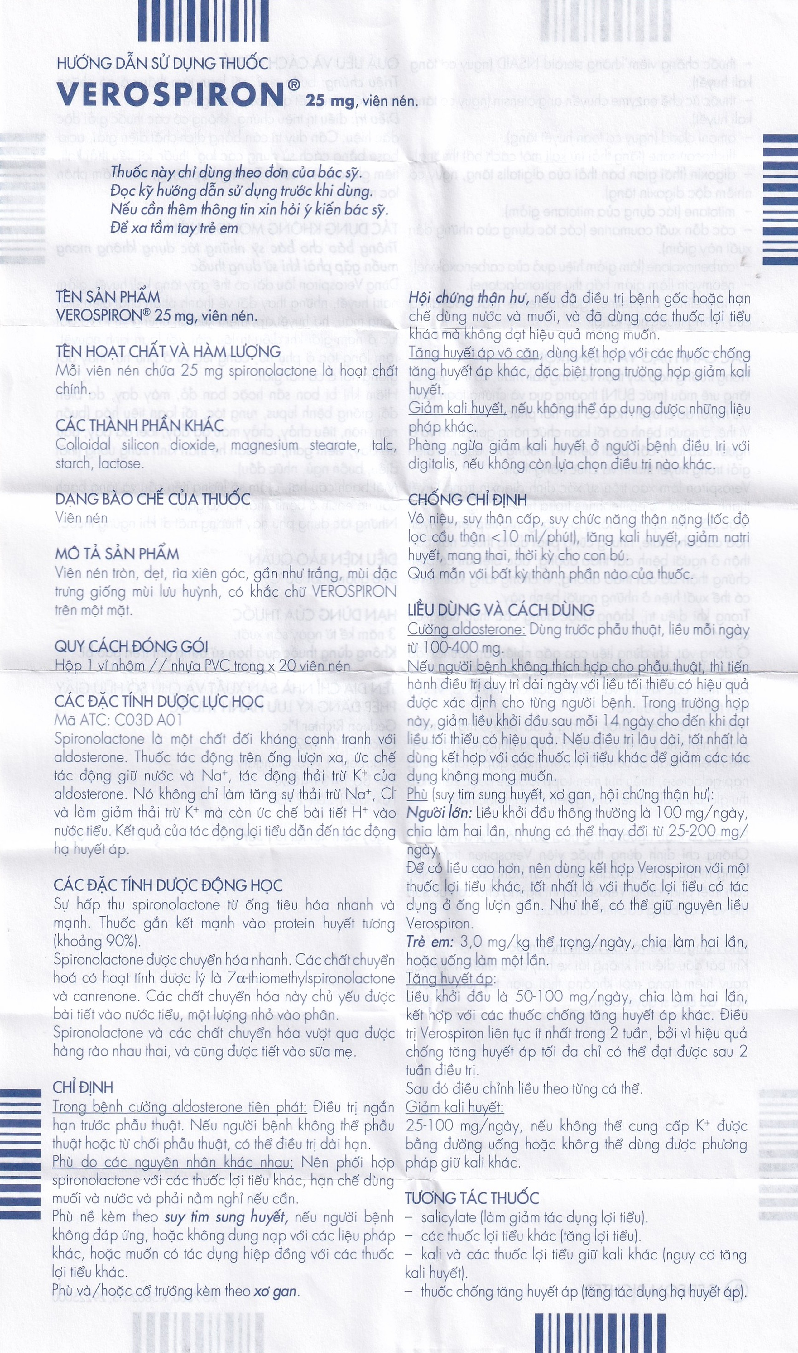 Thuốc Verospiron 25mg Gedeon điều trị phù, tăng huyết áp, cường aldosterone tiên phát và giảm kali huyết (1 vỉ x 20 viên)