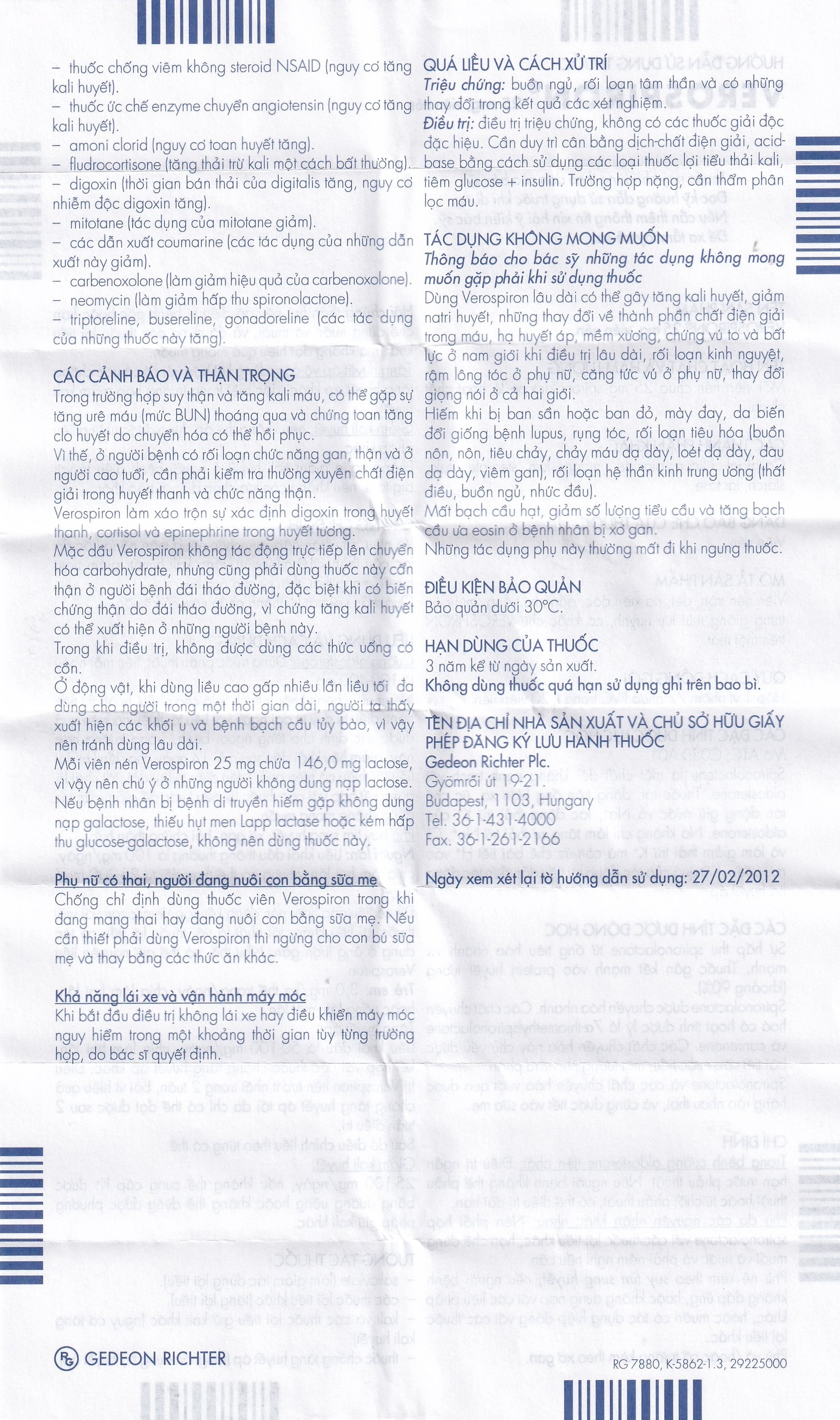 Thuốc Verospiron 25mg Gedeon điều trị phù, tăng huyết áp, cường aldosterone tiên phát và giảm kali huyết (1 vỉ x 20 viên)