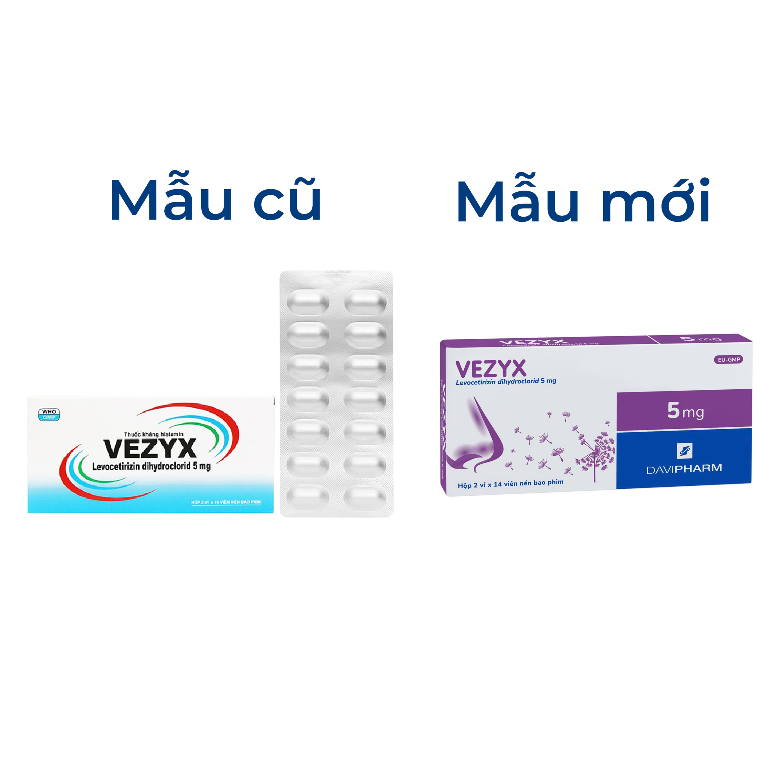 Thuốc Vezyx 5mg Davipharm điều trị viêm mũi dị ứng, mày đay (2 vỉ x 14 viên)