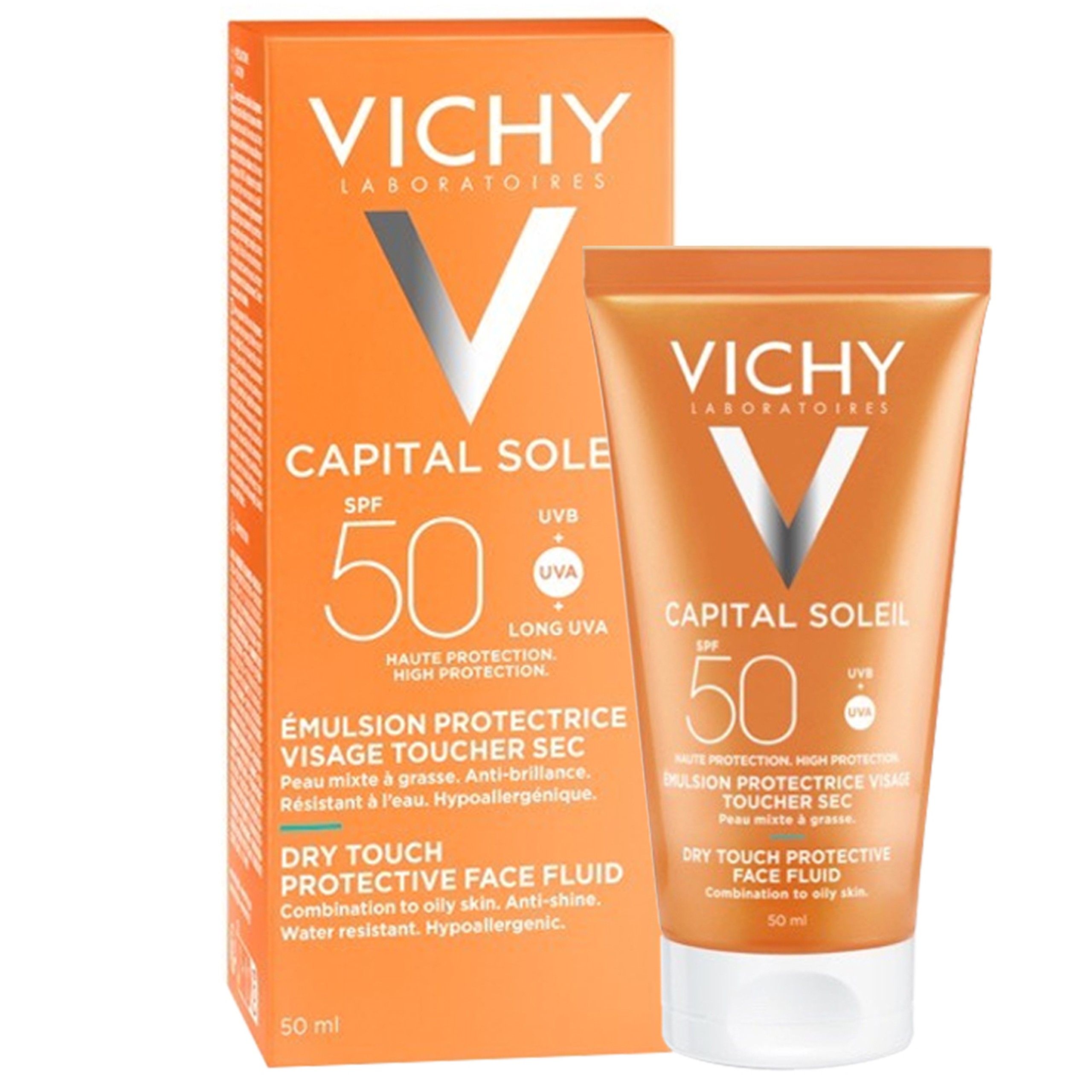 Kem chống nắng dạng sữa Vichy Capital Soleil Dry Touch Face Fluid SPF50 PA+++ UVA+UVB không gây nhờn rít (50ml)