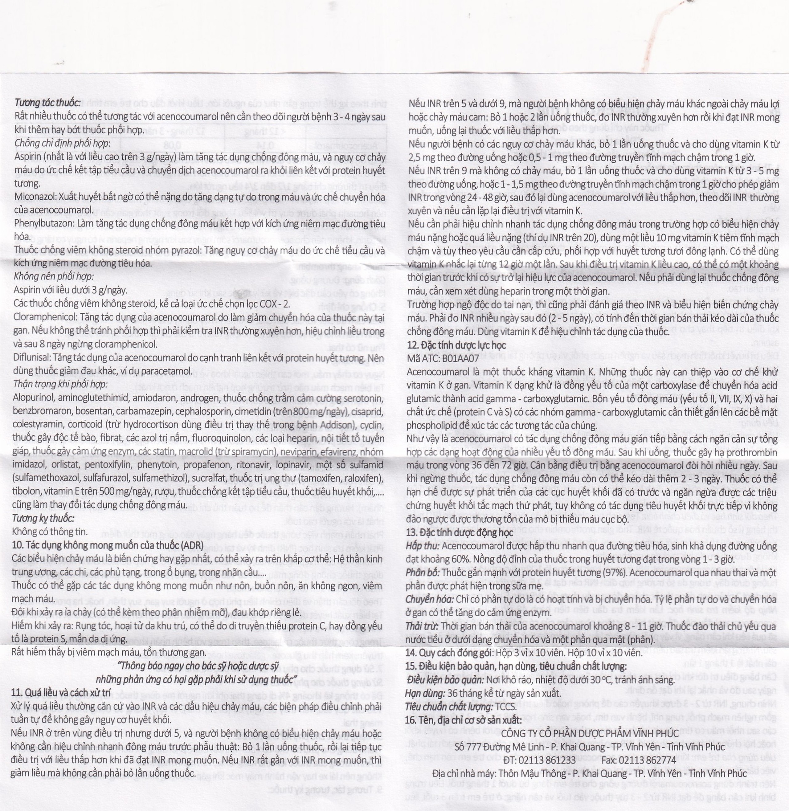 Thuốc Vincerol 1mg Vinphaco dùng trong bệnh tim gây tắc mạch, nhồi máu cơ tim (10 vỉ x 10 viên)