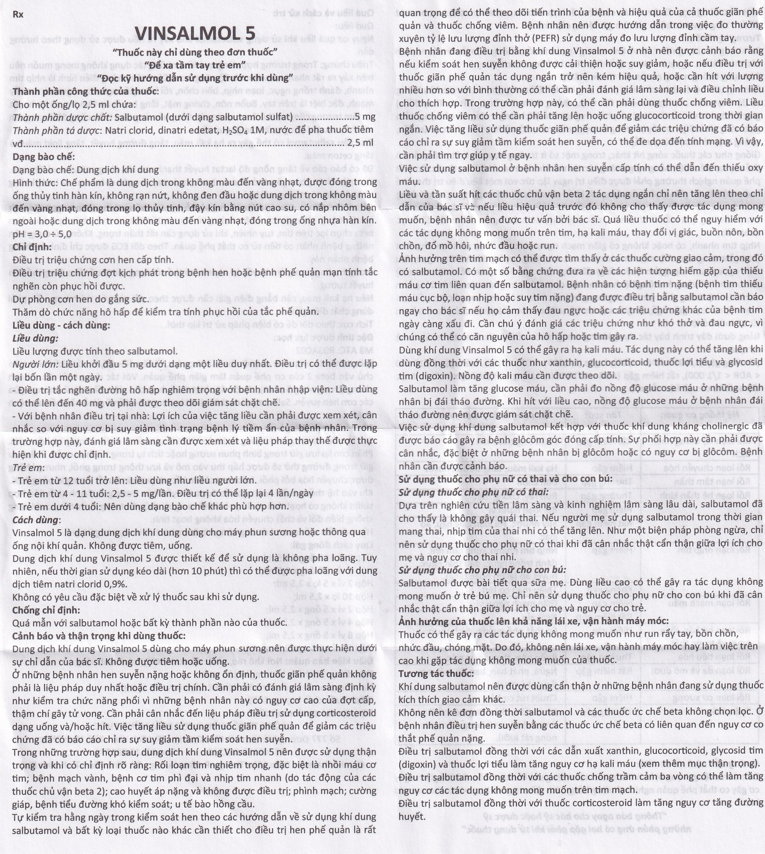 Dung dịch khí dung Vinsalmol 5mg/2.5ml Vinphaco trị triệu chứng hen cấp tính, đợt kịch phát hen (2 vỉ x 5 ống)