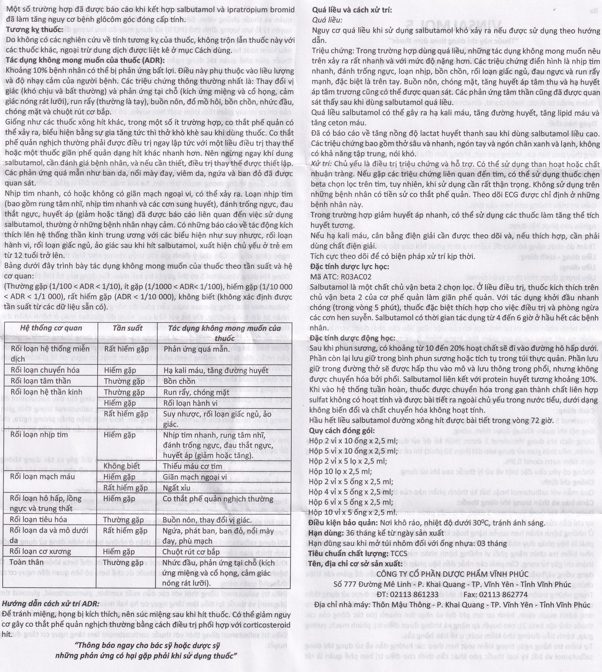 Dung dịch khí dung Vinsalmol 5mg/2.5ml Vinphaco trị triệu chứng hen cấp tính, đợt kịch phát hen (2 vỉ x 5 ống)