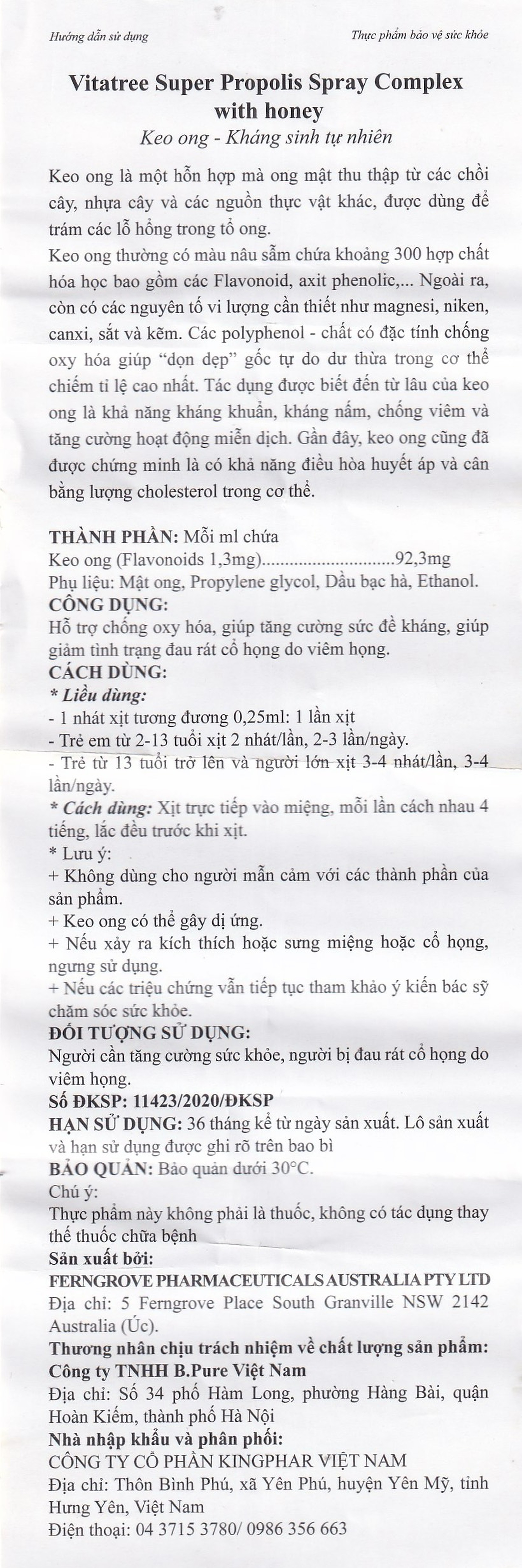 Chai xịt họng hỗ trợ giảm đau rát cổ do viêm họng Vitatree Super Propolis Spray Complex With Honey (30ml)