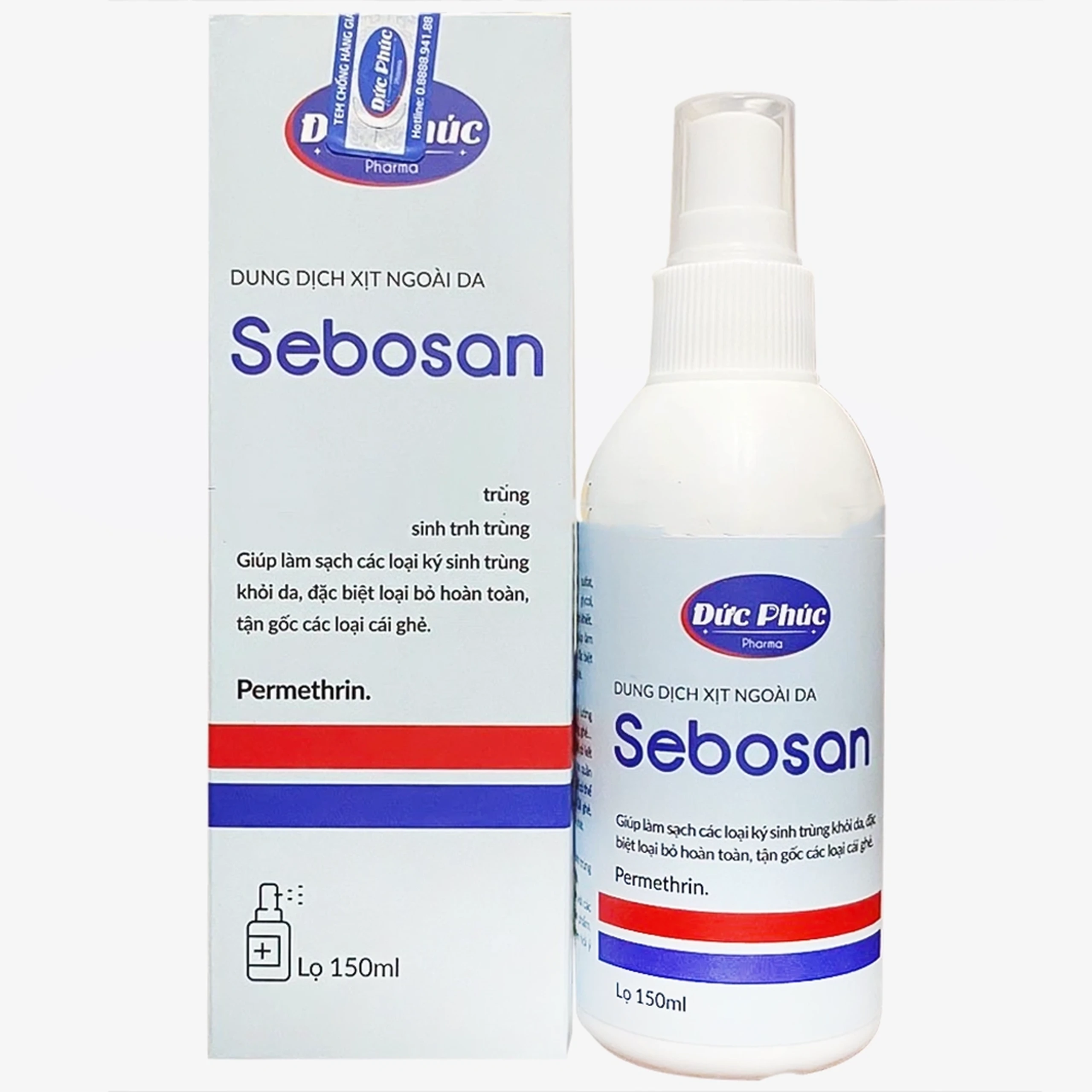 Dung dịch xịt ngoài da Sebosan 150ml Đức Phúc dùng để vệ sinh, làm sạch các loại ký sinh trùng khỏi da
