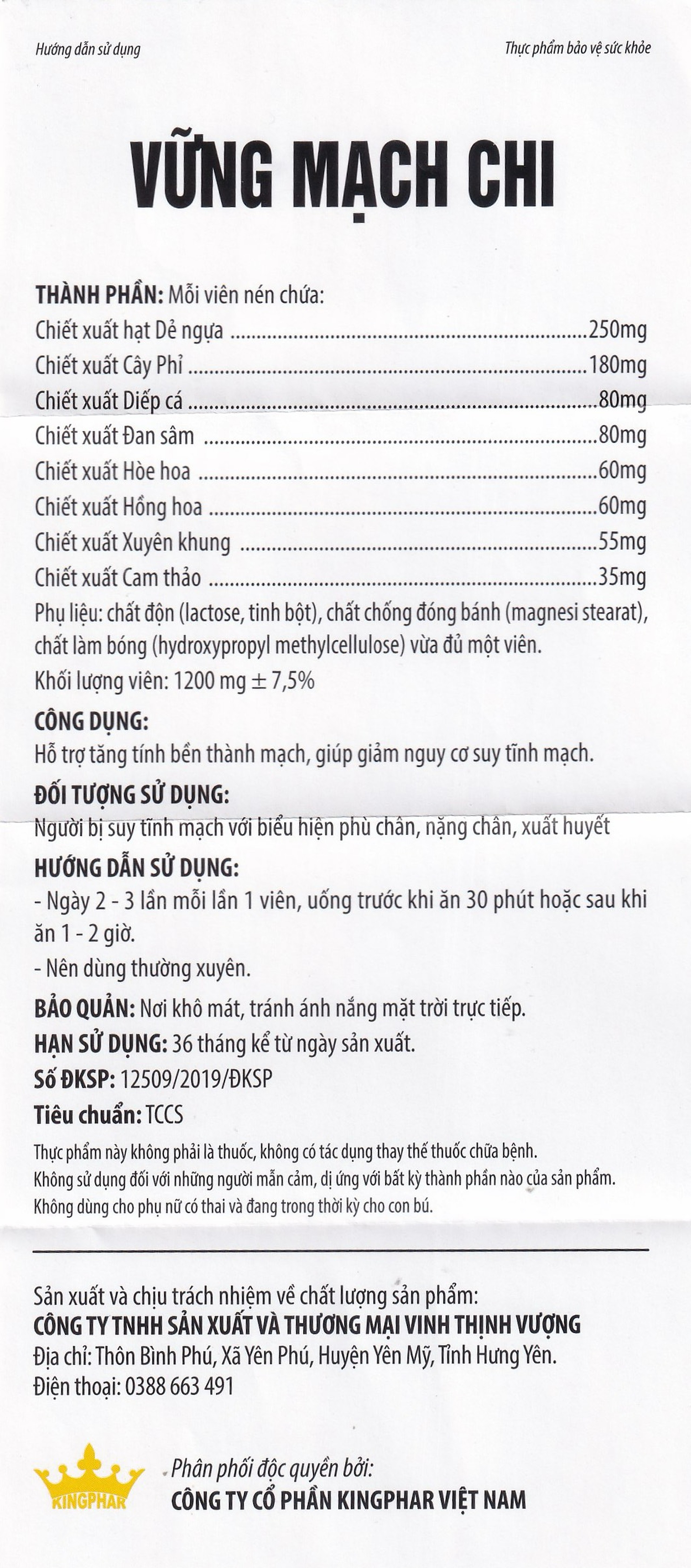 Viên uống Vững Mạch Chi Kingphar hỗ trợ tăng tính bền thành mạch, giảm nguy cơ suy tĩnh mạch (6 vỉ x 10 viên)