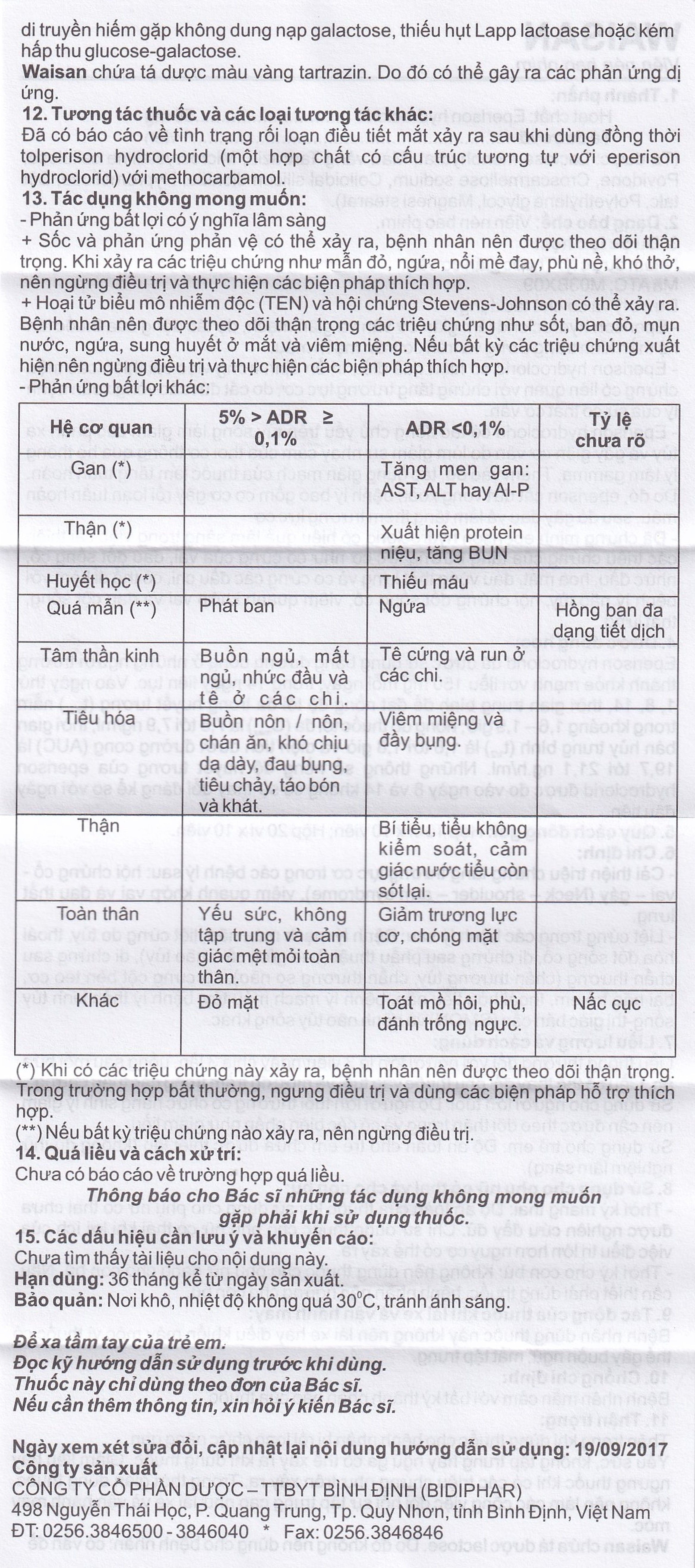 Thuốc Waisan 50mg Bidiphar cải thiện triệu chứng tăng trương lực cơ (10 vỉ x 10 viên) 