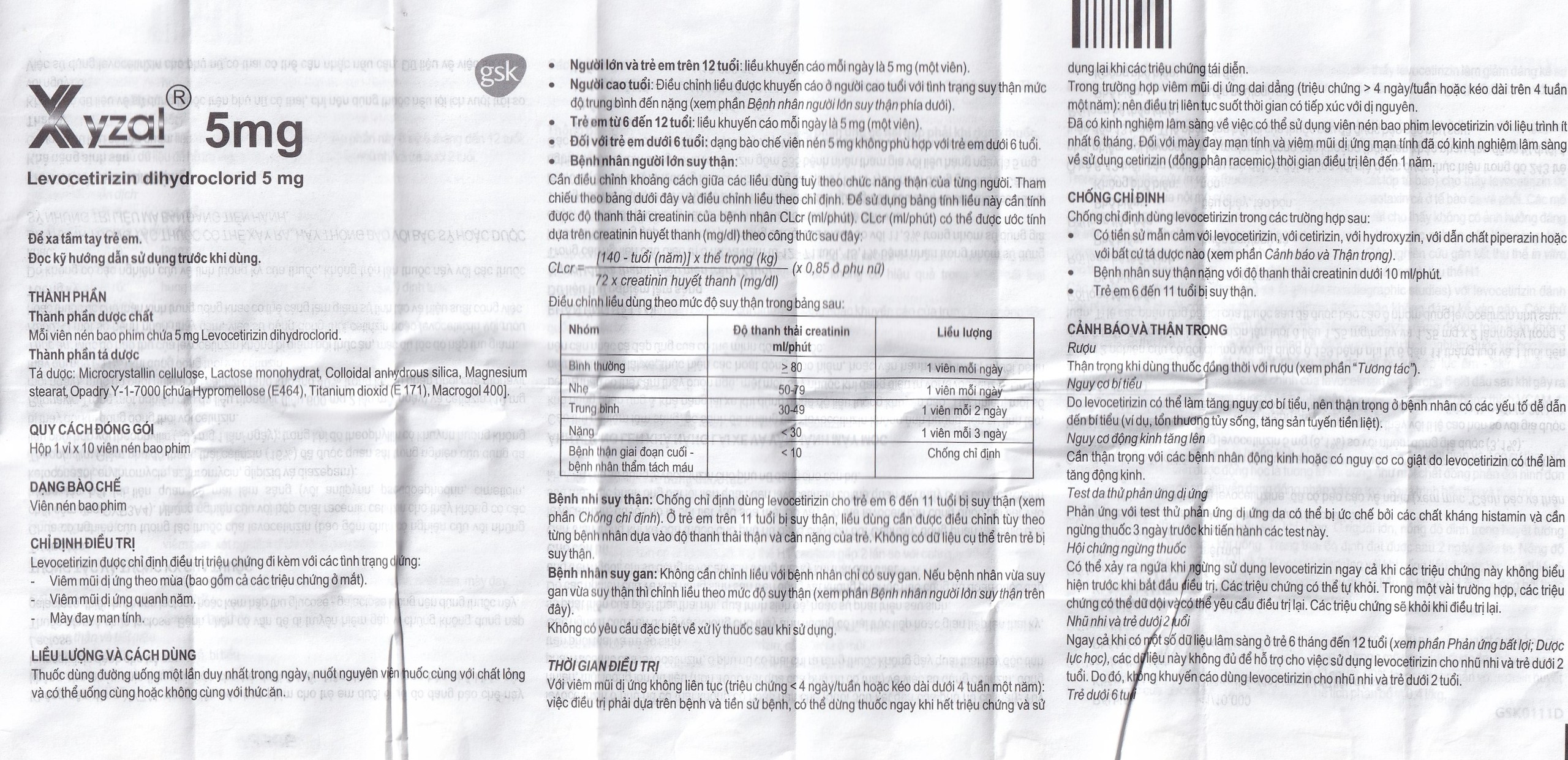 Thuốc Xyzal 5mg GSK điều trị triệu chứng viêm mũi dị ứng theo mùa (1 vỉ x 10 viên) 