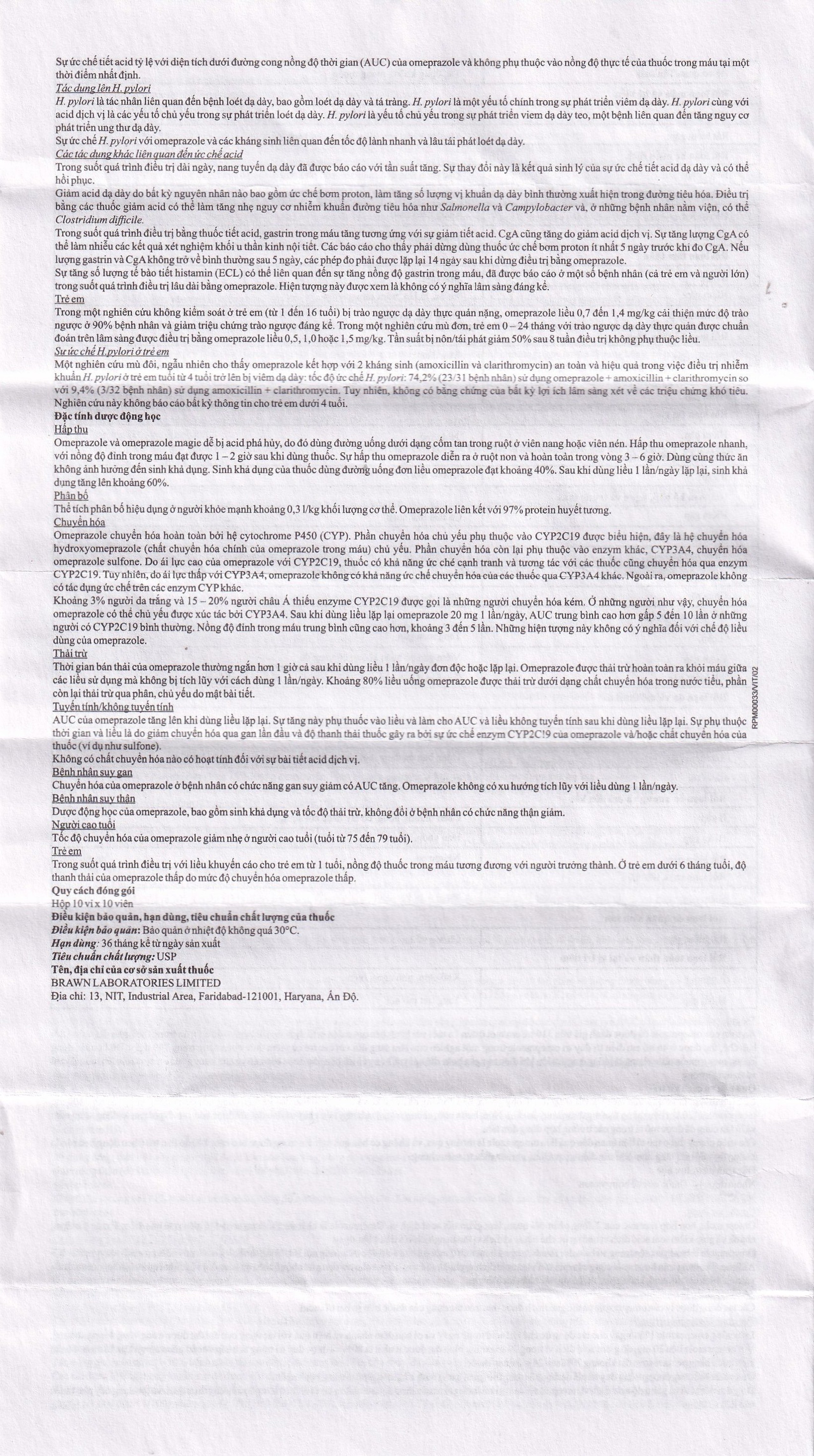 Thuốc Omeprazole 20mg Delayed Release Brawn điều trị loét dạ dày tá tràng (10 vỉ x 10 viên)