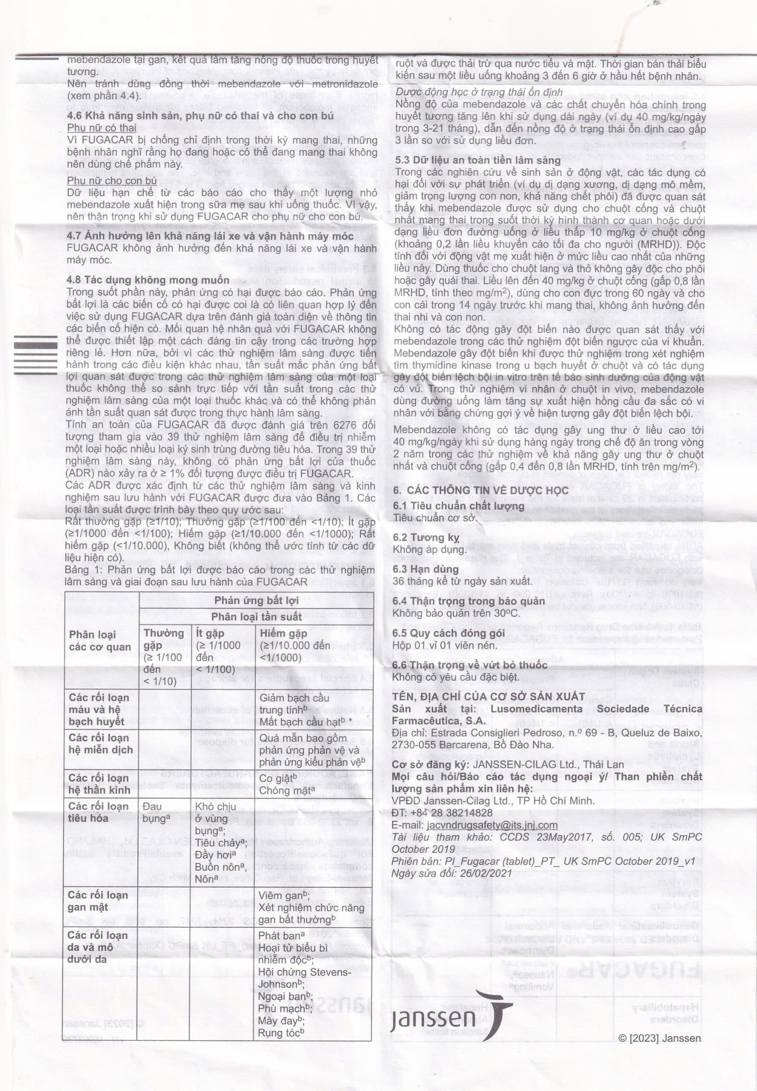 Thuốc Fugacar 500mg Janssen điều trị nhiễm giun (1 viên)