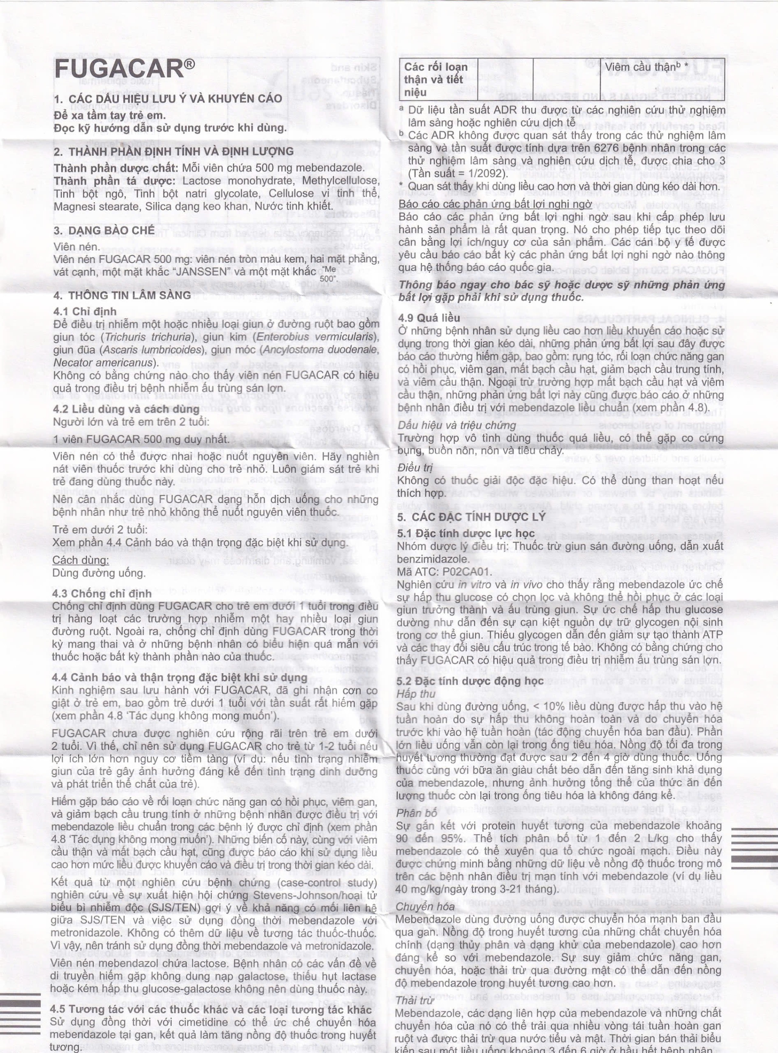 Thuốc Fugacar 500mg Janssen điều trị nhiễm giun (1 viên)