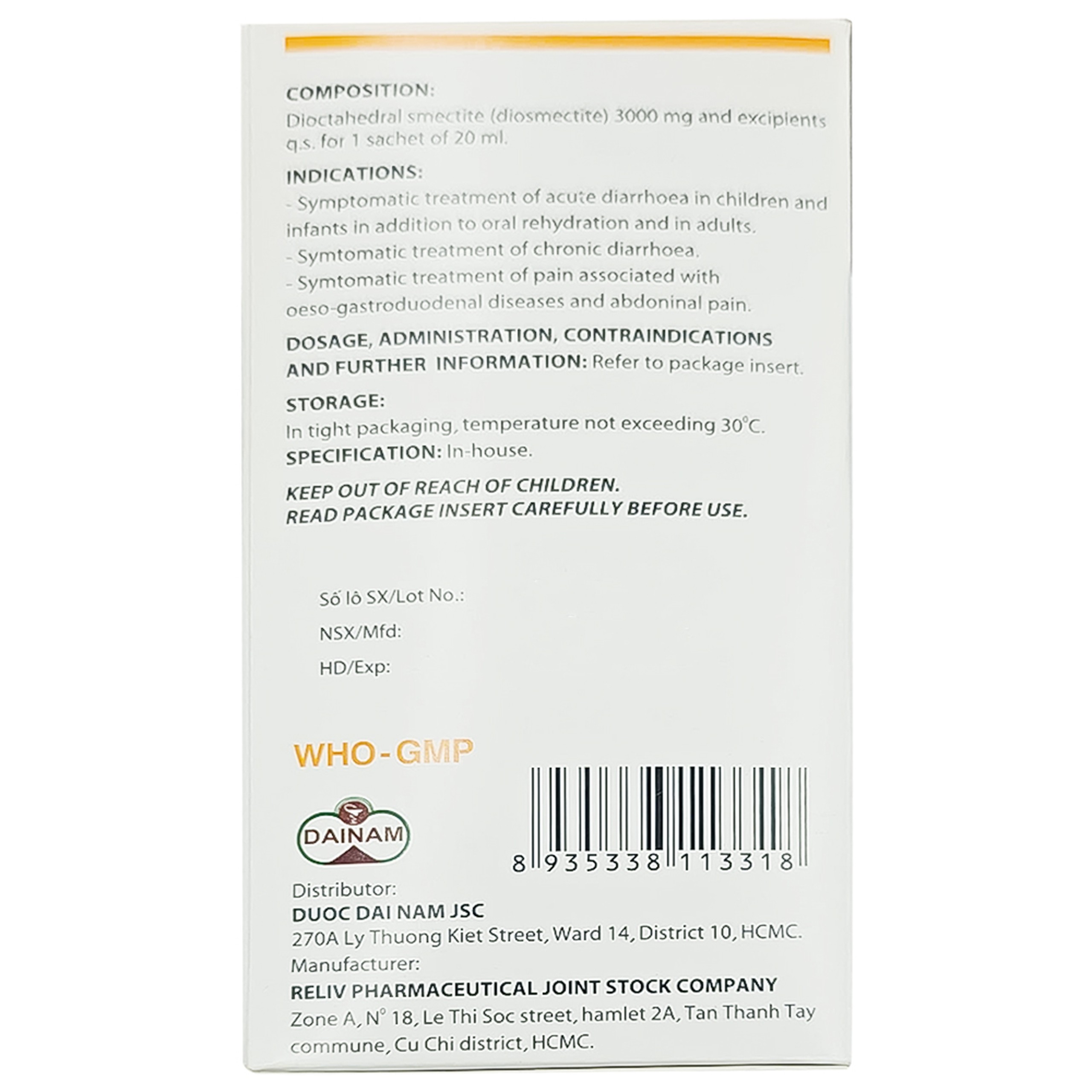 Hỗn dịch uống Macfor 3000mg Reliv điều trị tiêu chảy cấp, triệu chứng tiêu chảy mạn tính (20 gói)