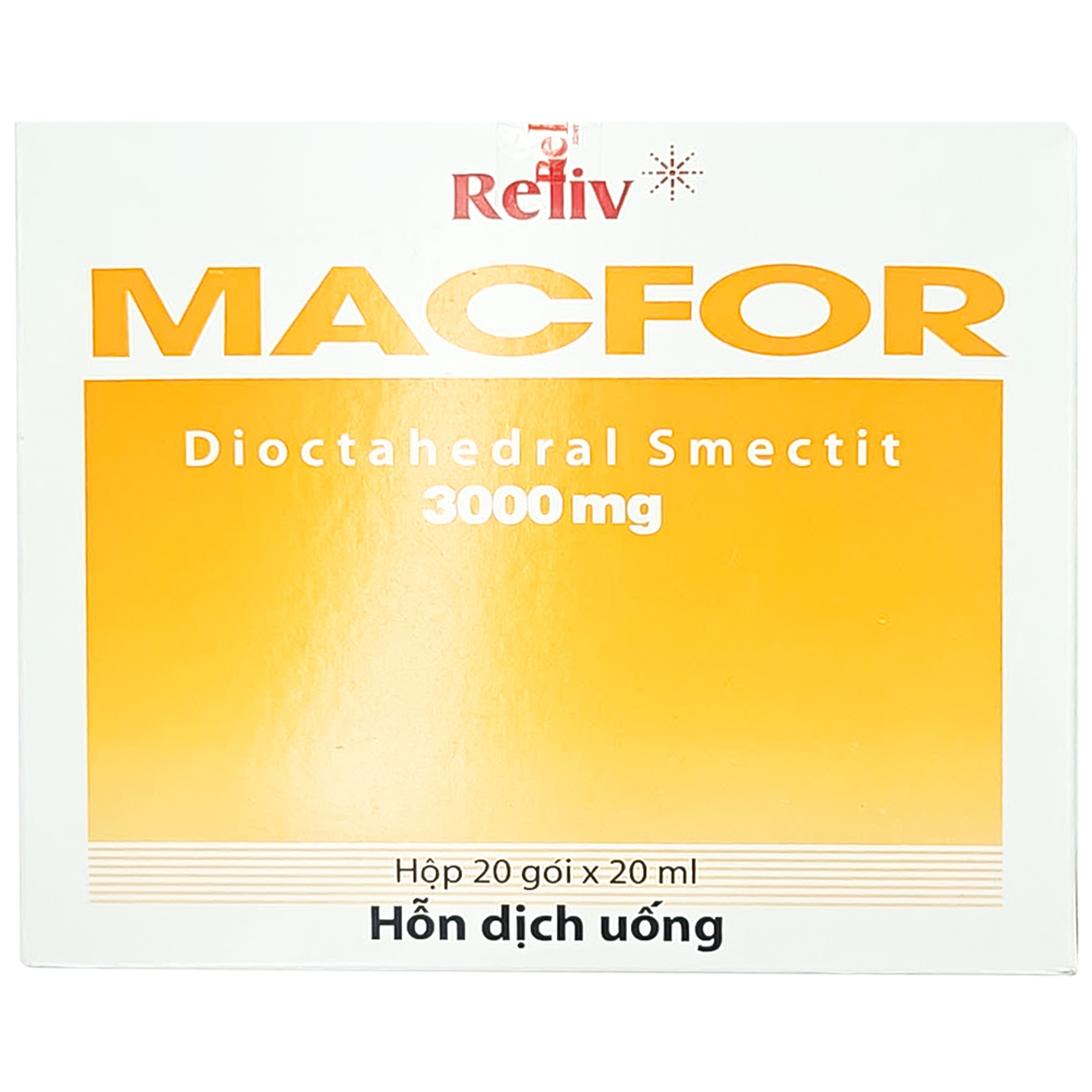 Hỗn dịch uống Macfor 3000mg Reliv điều trị tiêu chảy cấp, triệu chứng tiêu chảy mạn tính (20 gói)