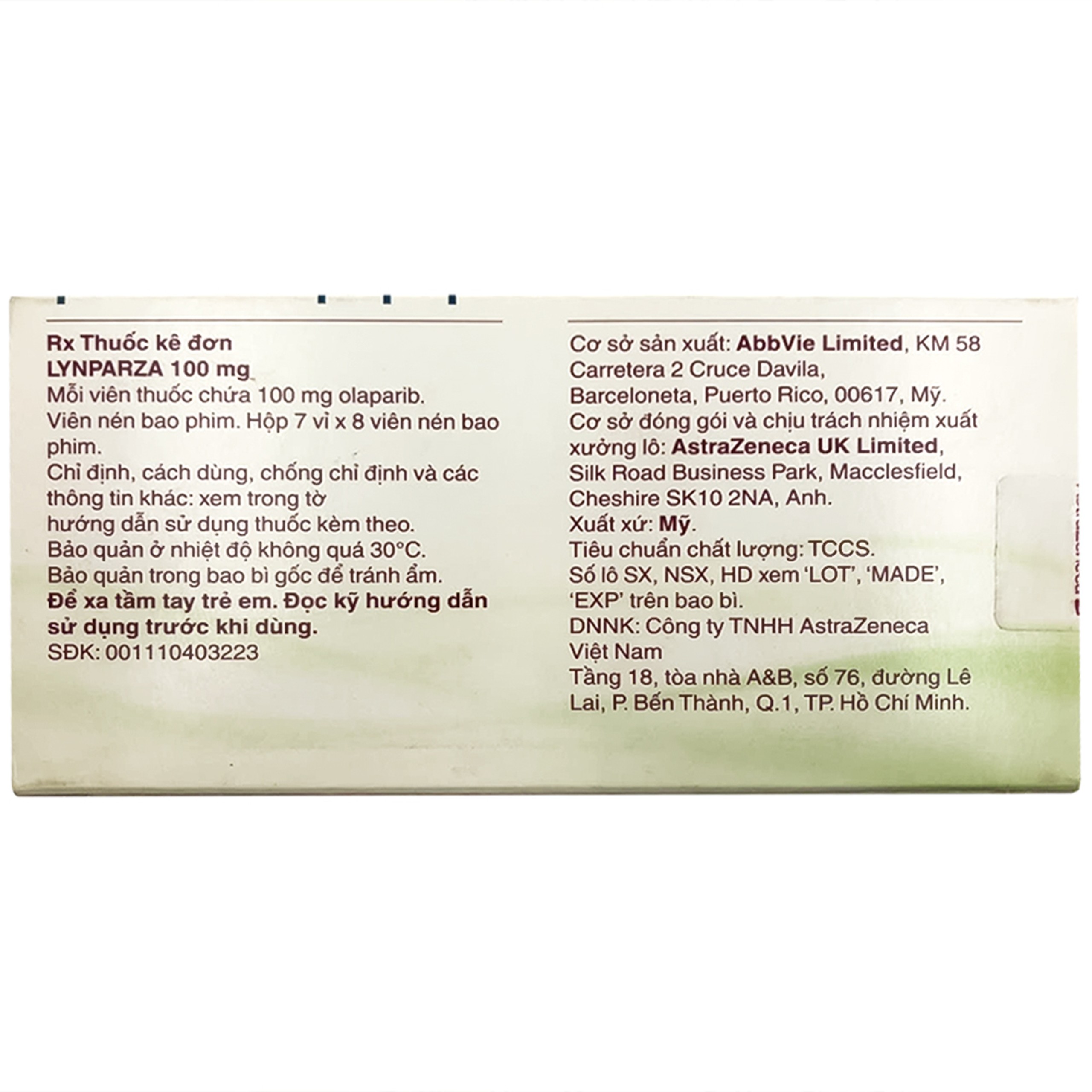 Thuốc Lynparza Tab 100mg AstraZeneca hỗ trợ điều trị ưng thư (7 vỉ x 8 viên)