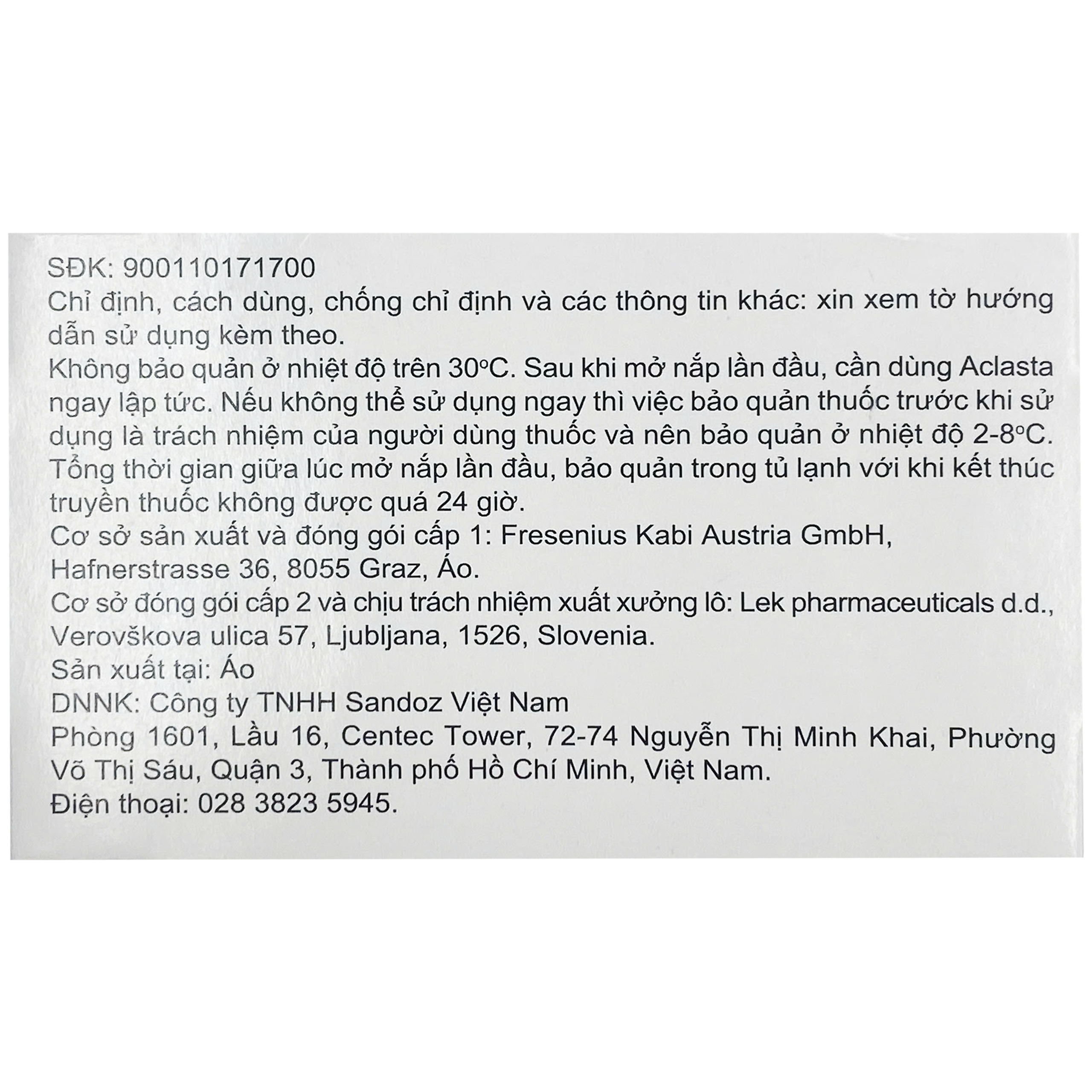 Dung dịch truyền tĩnh mạch Aclasta 5mg Sandoz điều trị loãng xương ở phụ nữ sau mãn kinh