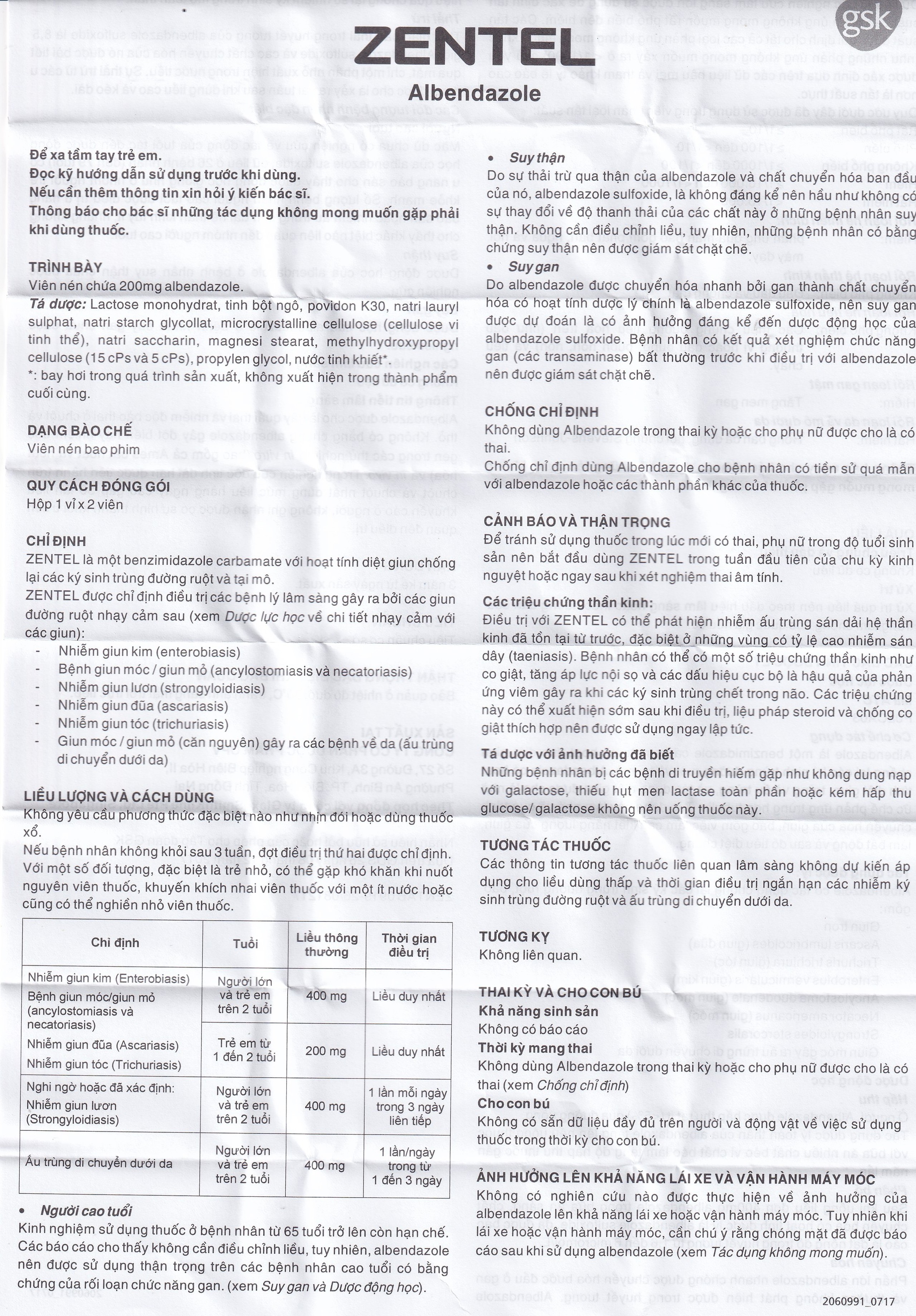 Thuốc Zentel Albendazole 200mg GSK điều trị các loại giun đường ruột nhạy cảm (1 vỉ x 2 viên)