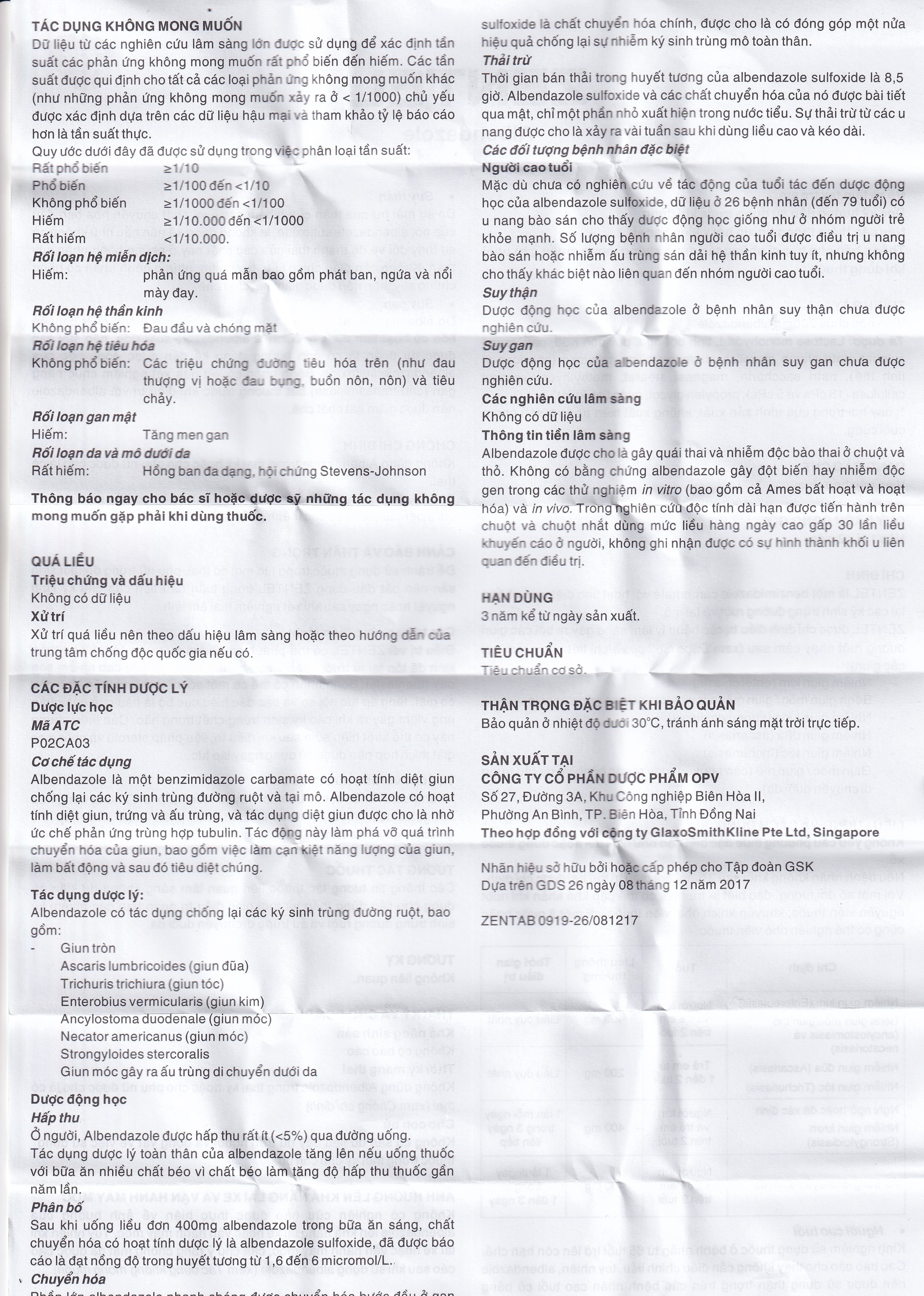 Thuốc Zentel Albendazole 200mg GSK điều trị các loại giun đường ruột nhạy cảm (1 vỉ x 2 viên)