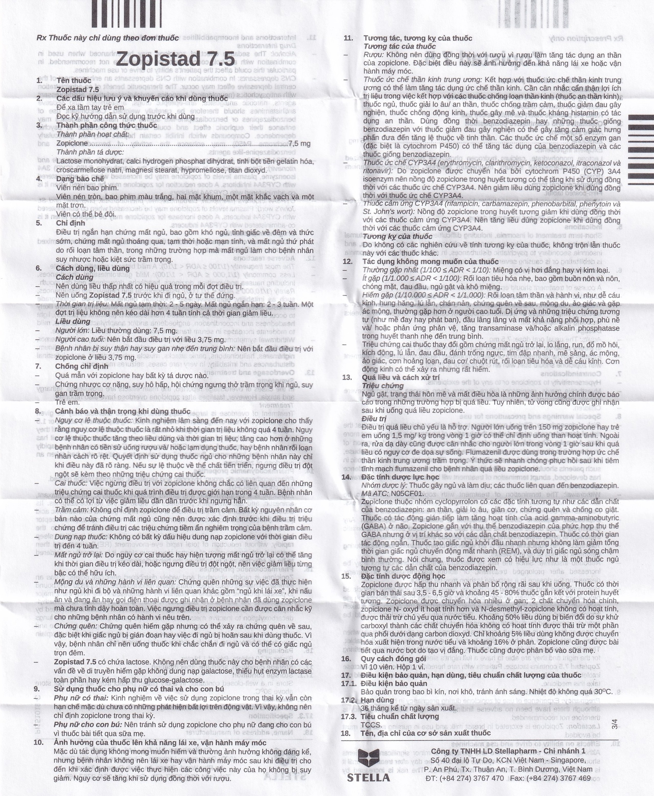 Thuốc Zopistad 7.5 Stella hỗ trợ điều trị ngắn hạn chứng mất ngủ (1 vỉ x 10 viên)