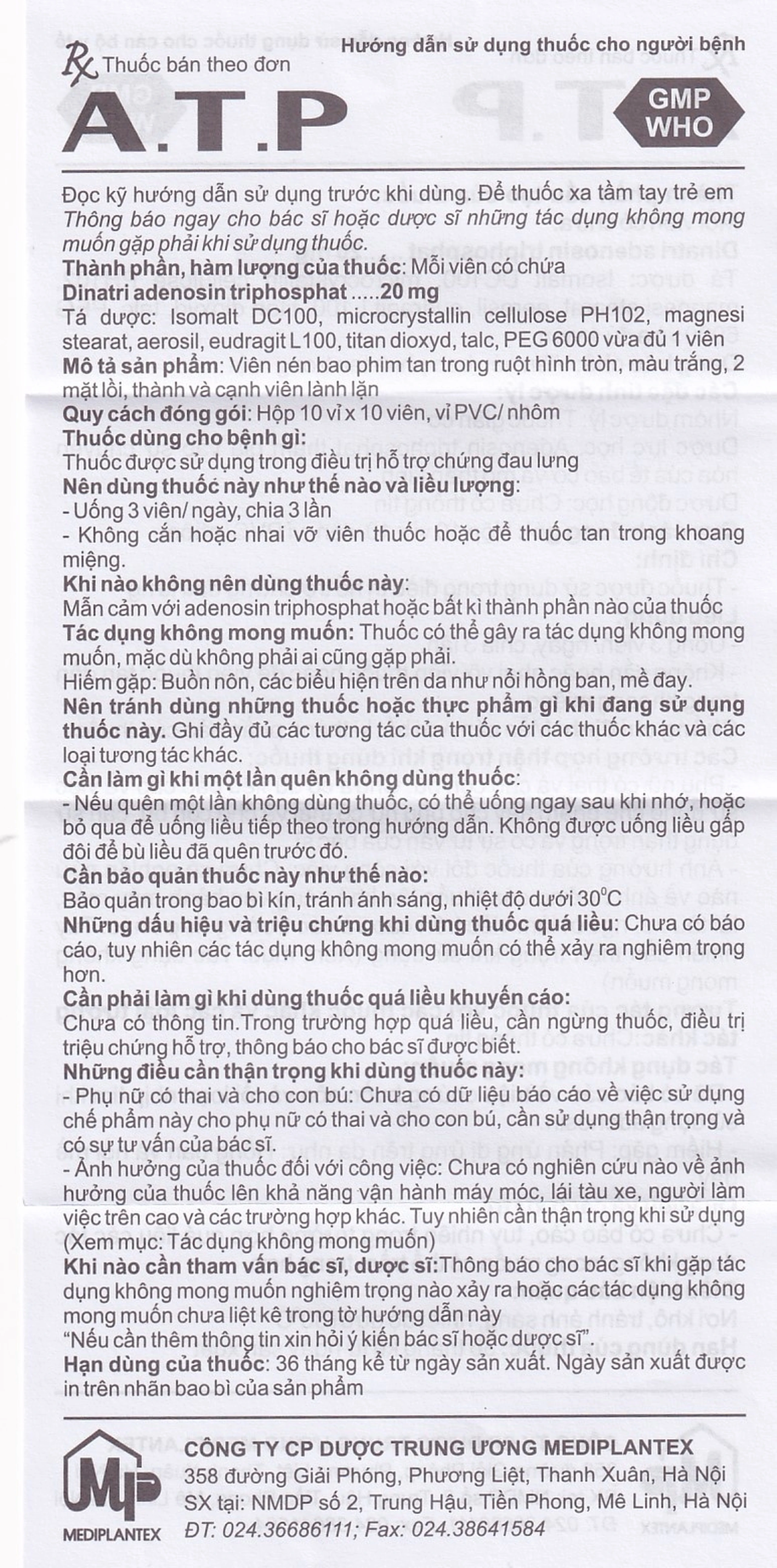 Thuốc  A.T.P 20mg Mediplantex điều trị suy tim, hoạt động cơ kém, bệnh lý dạ dày (10 vỉ x 10 viên)