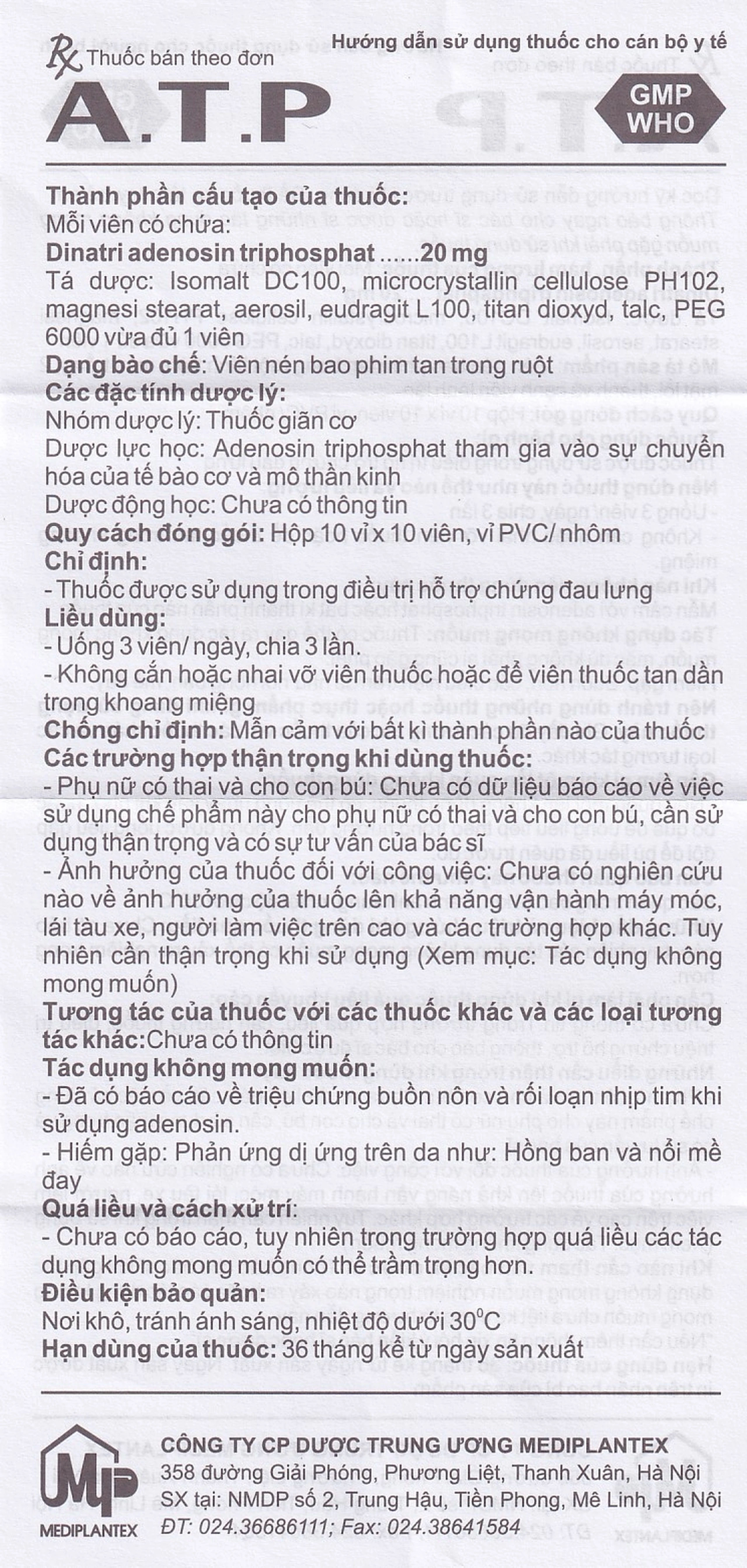 Thuốc  A.T.P 20mg Mediplantex điều trị suy tim, hoạt động cơ kém, bệnh lý dạ dày (10 vỉ x 10 viên)