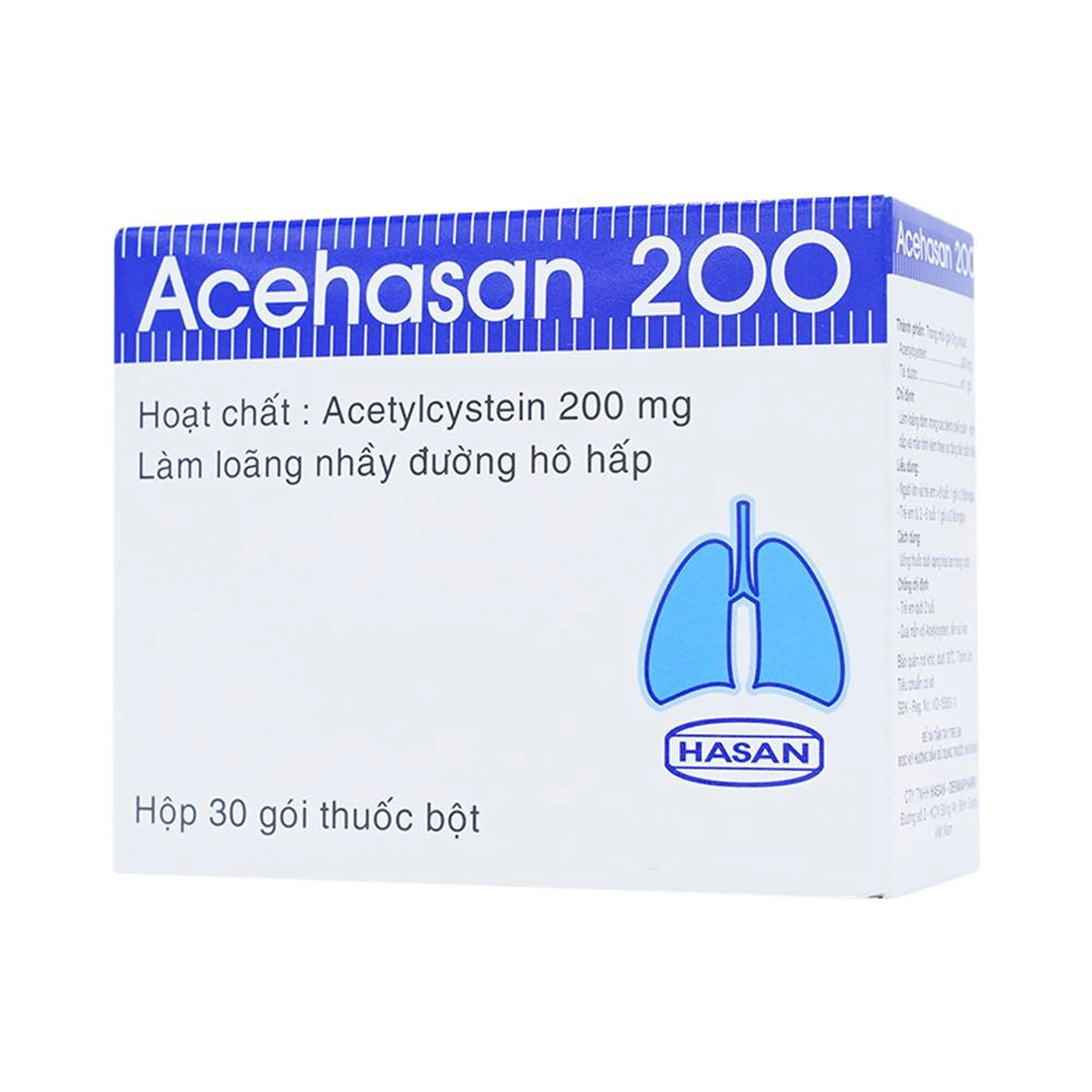 Thuốc Acehasan 200 làm loãng đờm trong các bệnh phế quản - phổi cấp và mãn tính (30 gói)