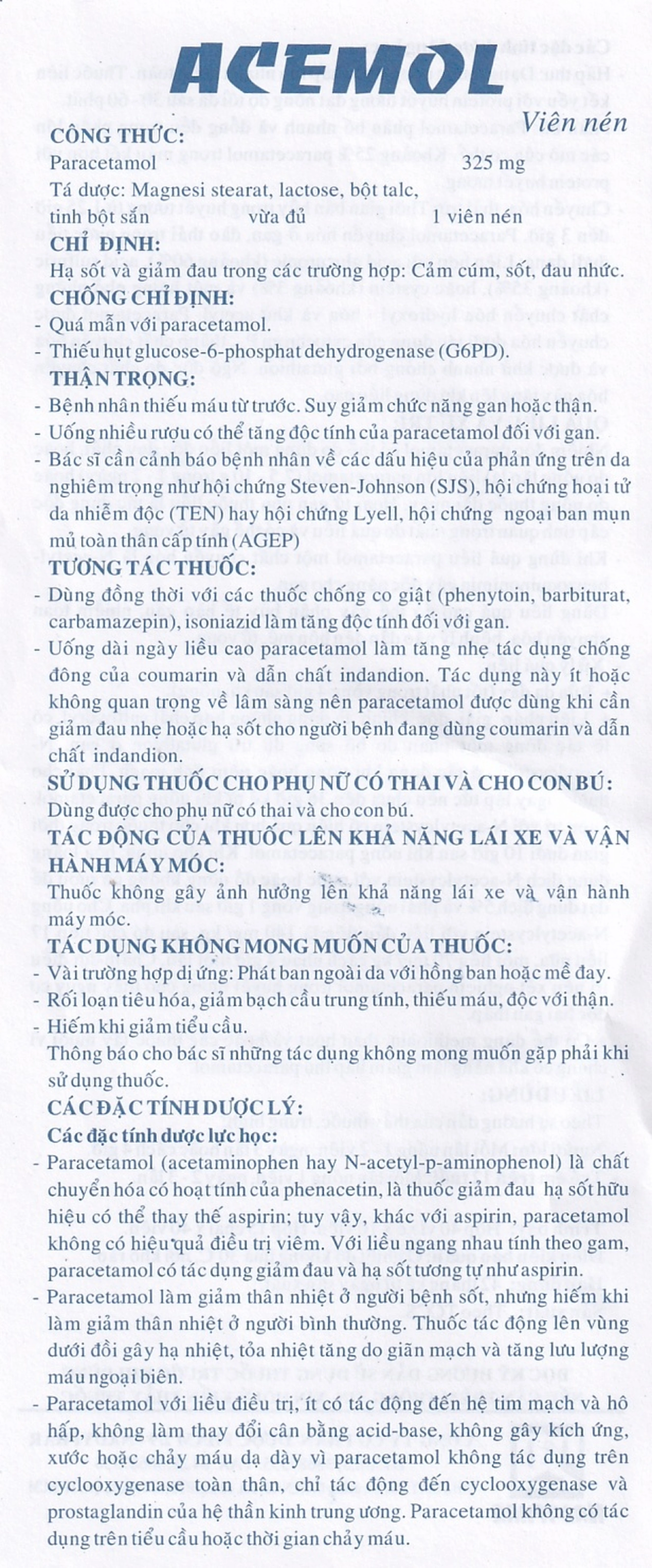 Thuốc Acemol 325mg Nadyphar hạ sốt và giảm đau (40 viên)