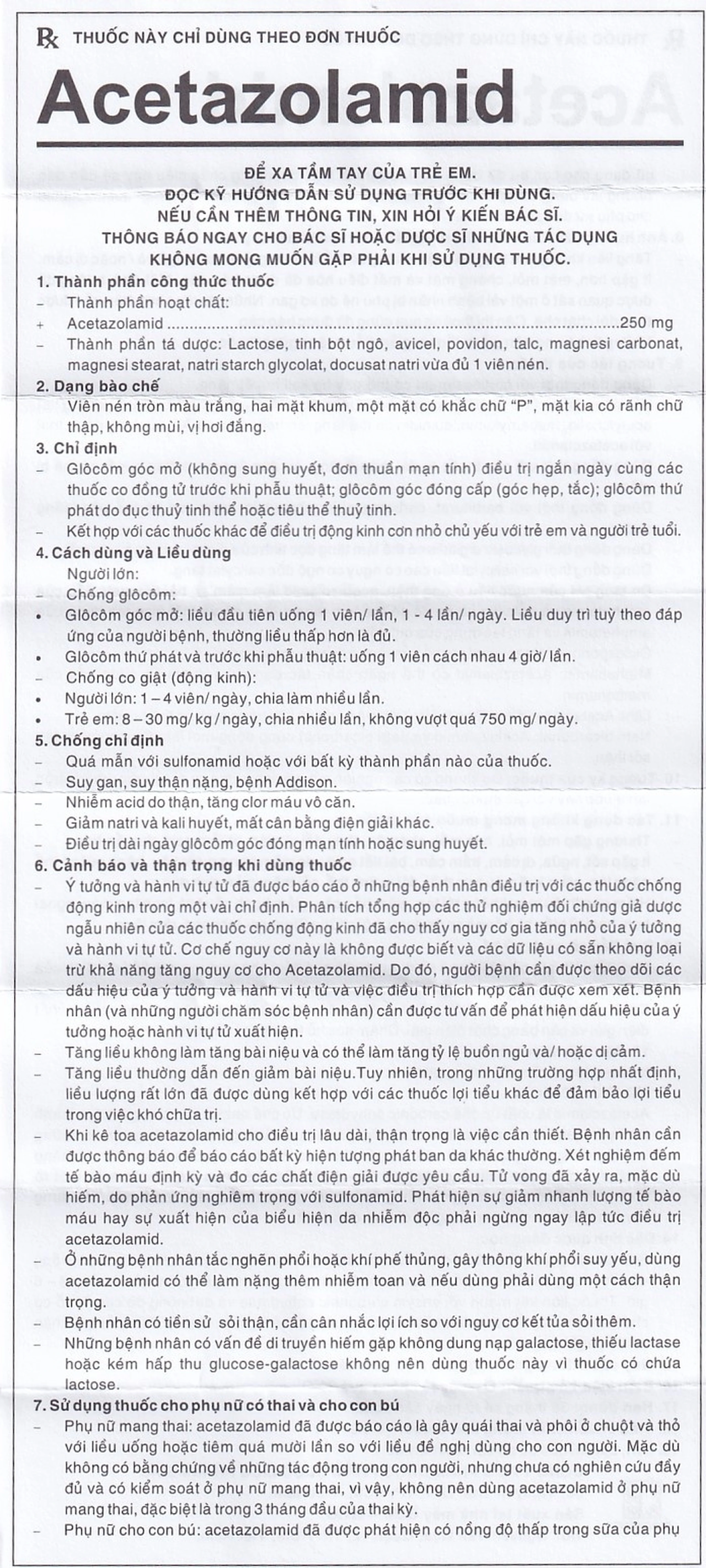 Thuốc Acetazolamid 250mg Pharmedic điều trị glôcôm và động kinh nhẹ (10 vỉ x 10 viên)