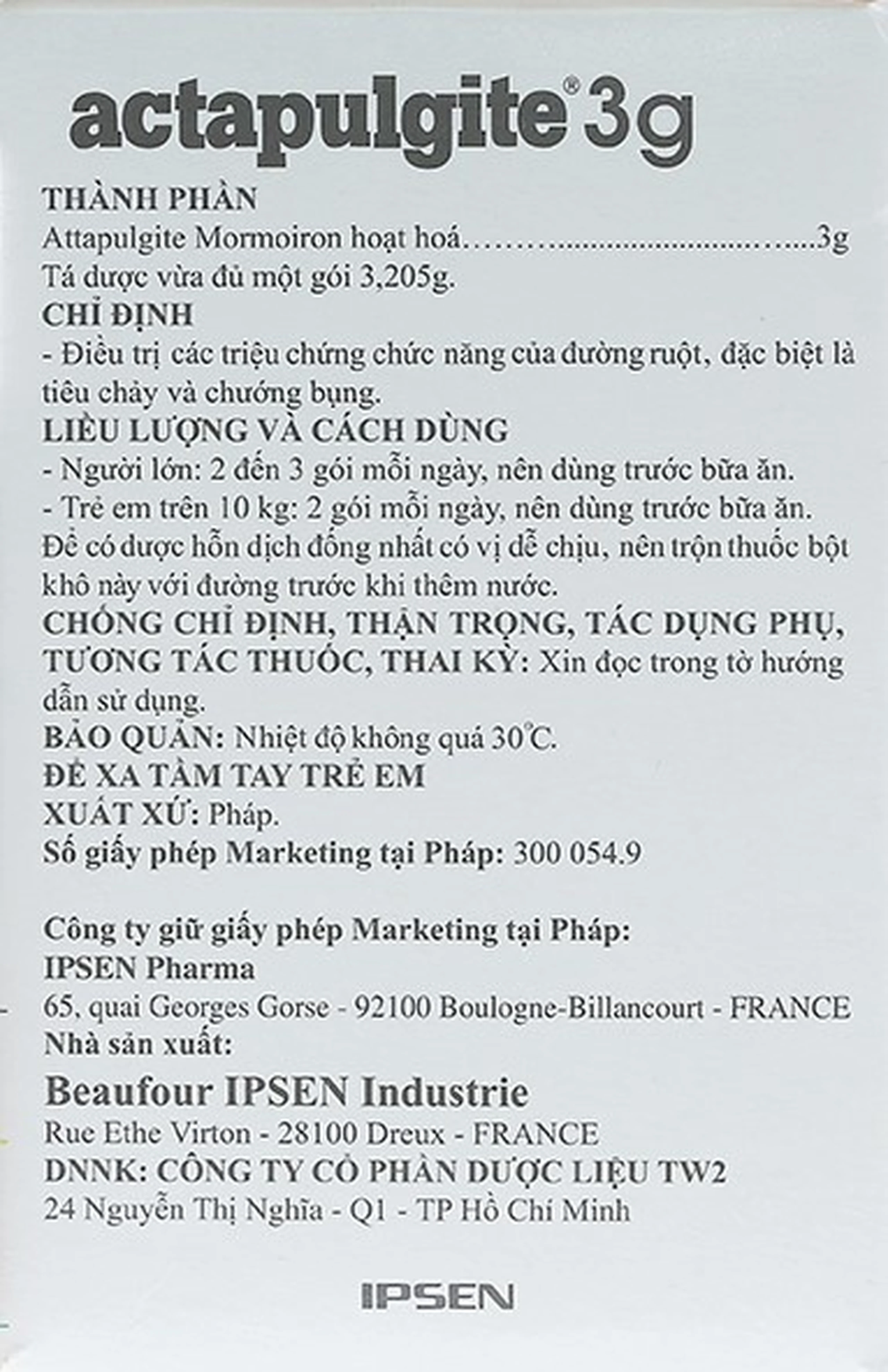 Bột pha dung dịch uống Actapulgite 3g Beaufour Ipsen điều trị tiêu chảy và chướng bụng (30 gói)