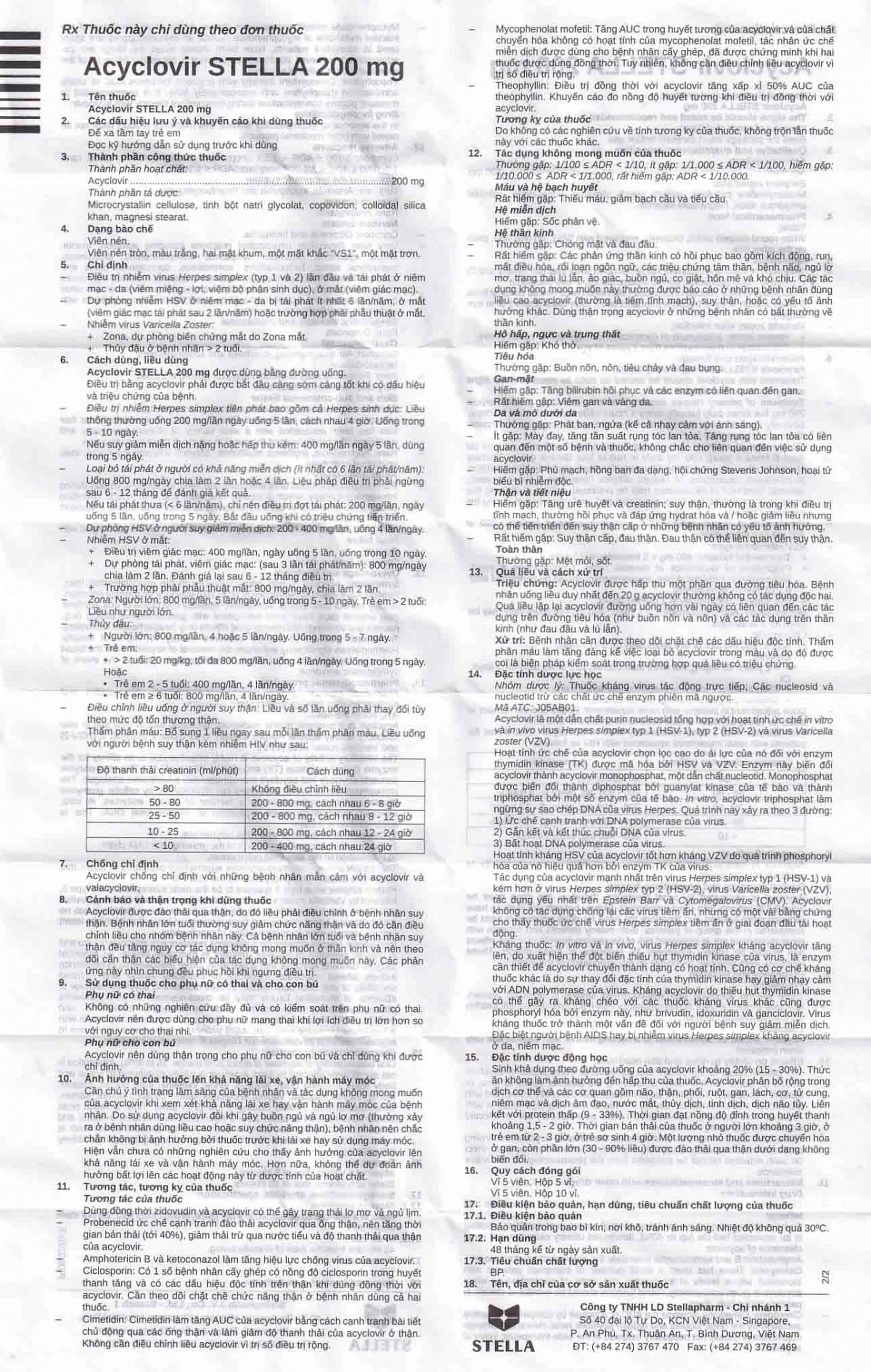 Thuốc Acyclovir Stella 200mg điều trị nhiễm Herpes simplex, Varicella zoster (5 vỉ x 5 viên)