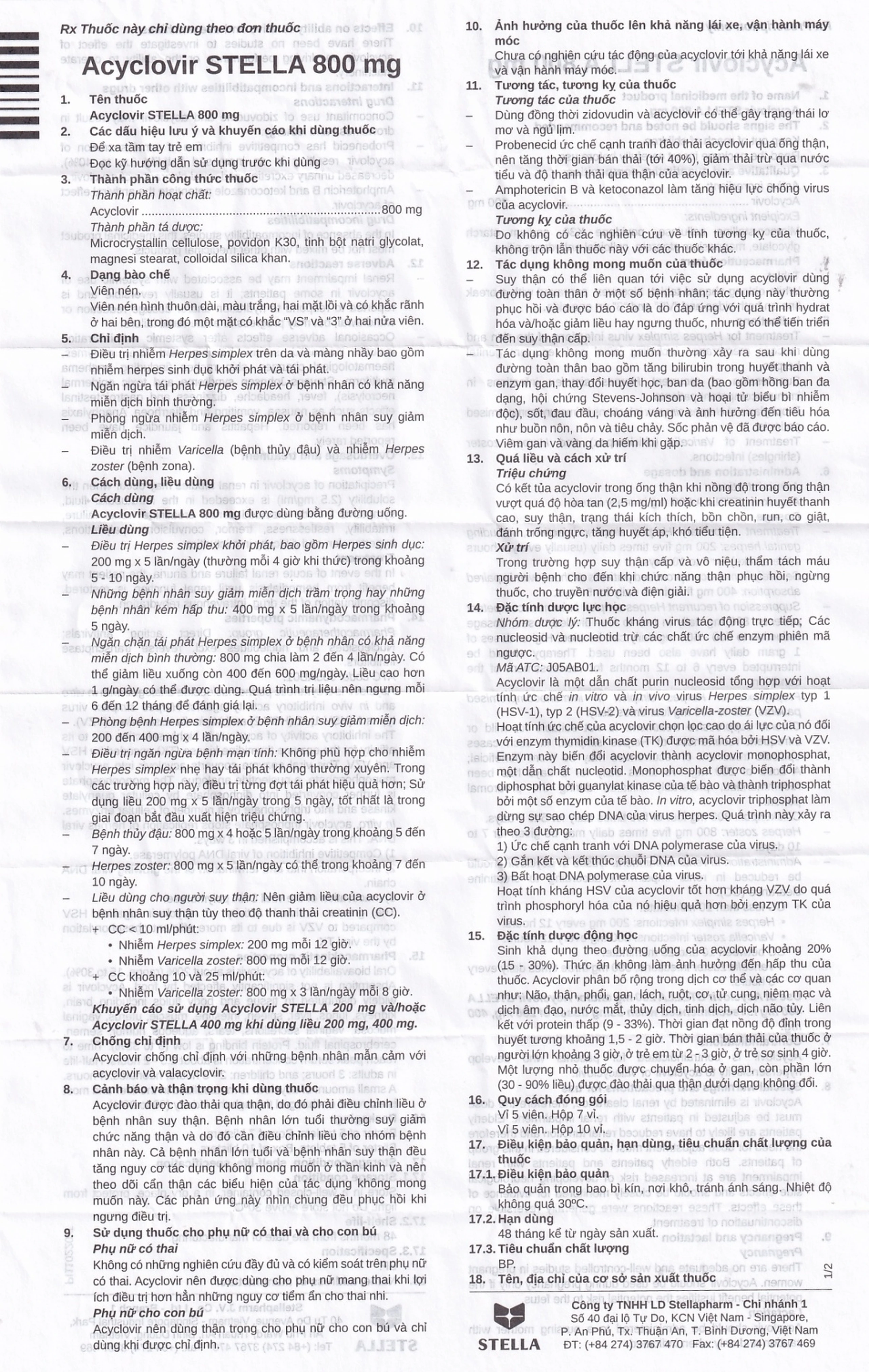 Thuốc Acyclovir Stella 800mg điều trị nhiễm Herpes simplex, Herpes zoster, thủy đậu (7 vỉ x 5 viên)